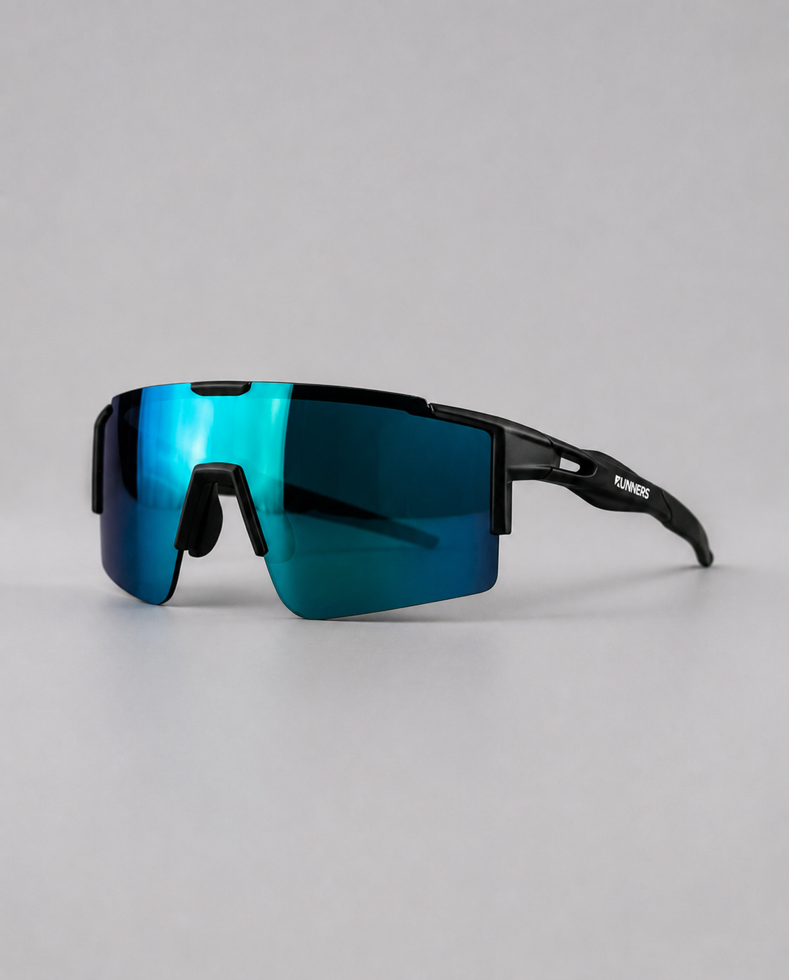 Ice Blue Polarized Running Sunglasses with a frameless wraparound blue mirrored lens and black temples