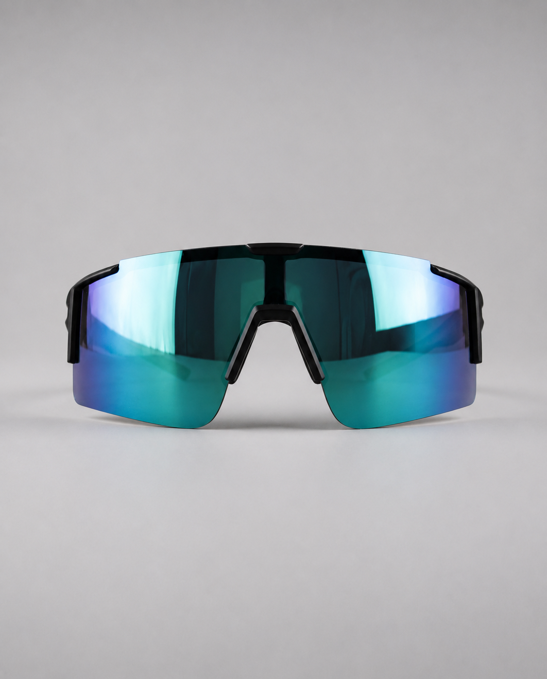 Ice Blue Polarized Running Sunglasses with frameless wraparound lenses in reflective blue and teal, black nose bridge