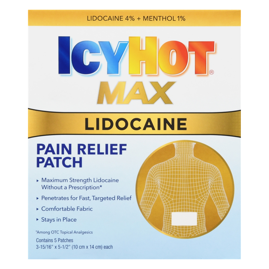 Pain relief patches in a blue, gold, and white Icy Hot Max box, with lidocaine 4%, menthol 1%, and five patches
