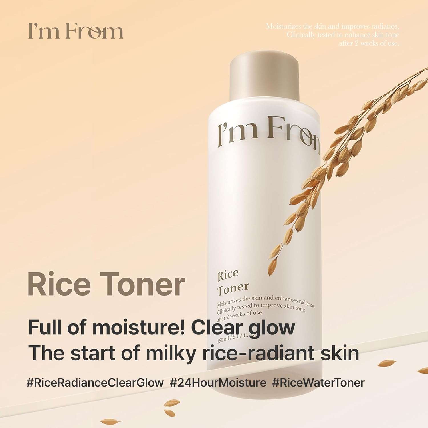 Rice toner in a white bottle with a beige cap, featuring a milky formula and rice grain motif; I'm from Rice Toner
