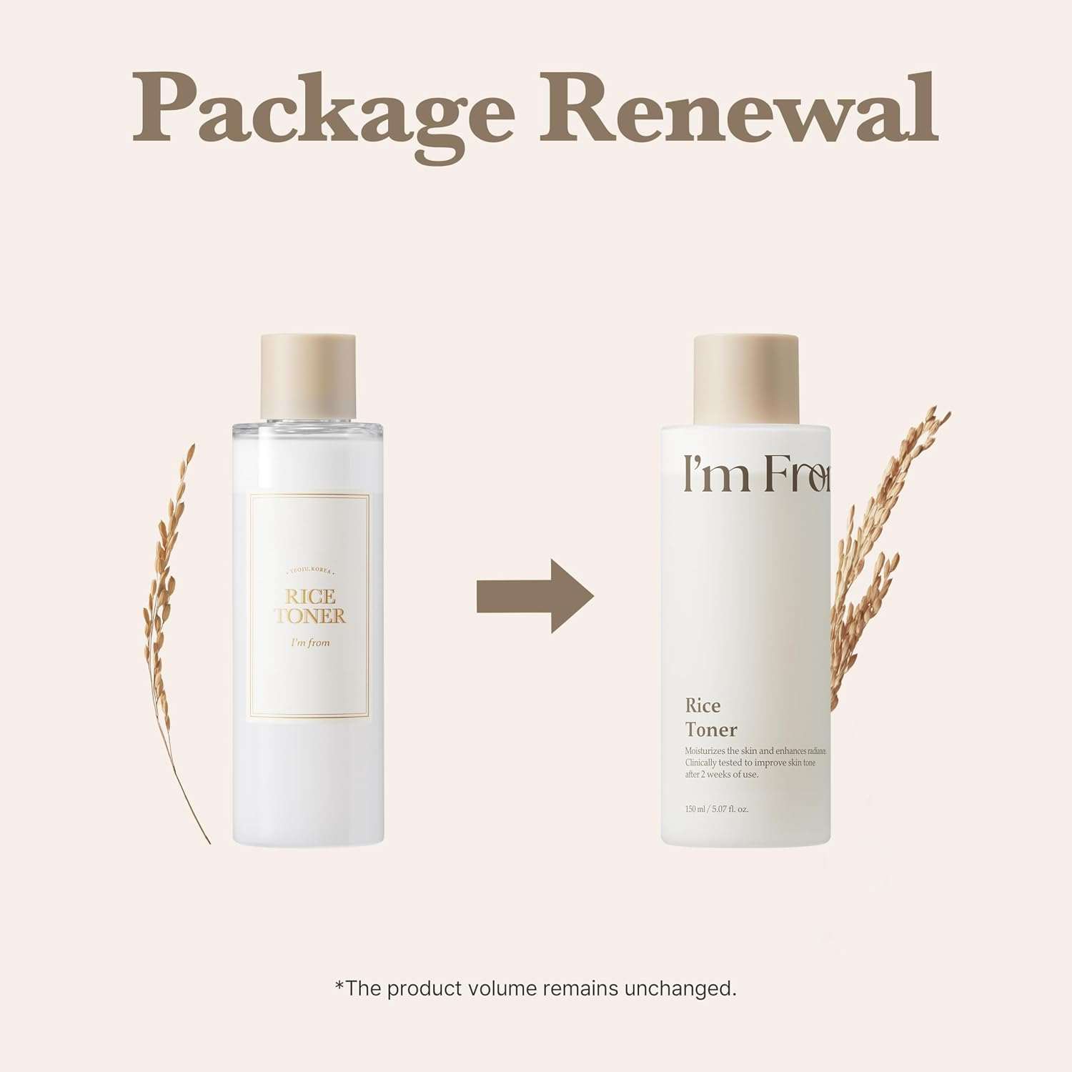 Rice toner bottle, clear and white packaging with beige cap and rice grain detailing; I'm from Rice Toner 150ml