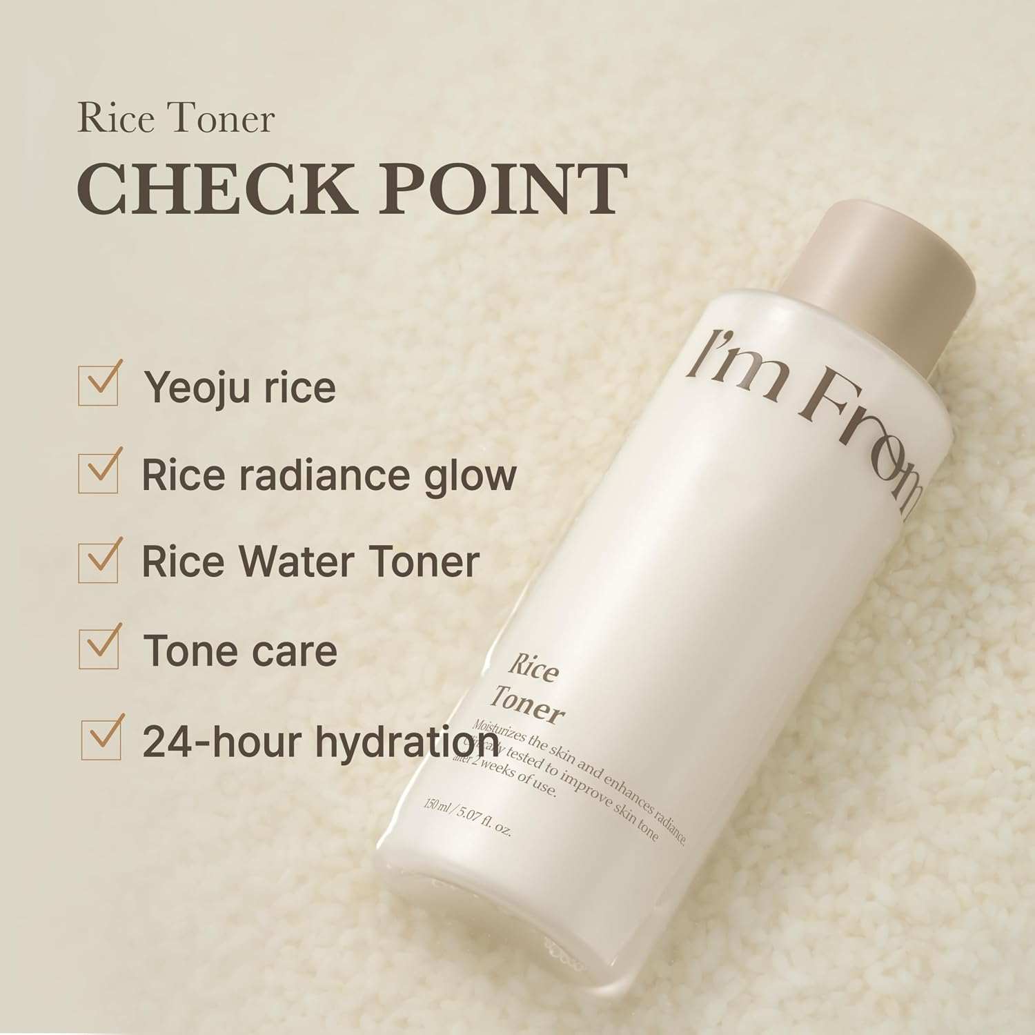 I'm from Rice Toner in a frosted white bottle with beige cap and minimalist printed label
