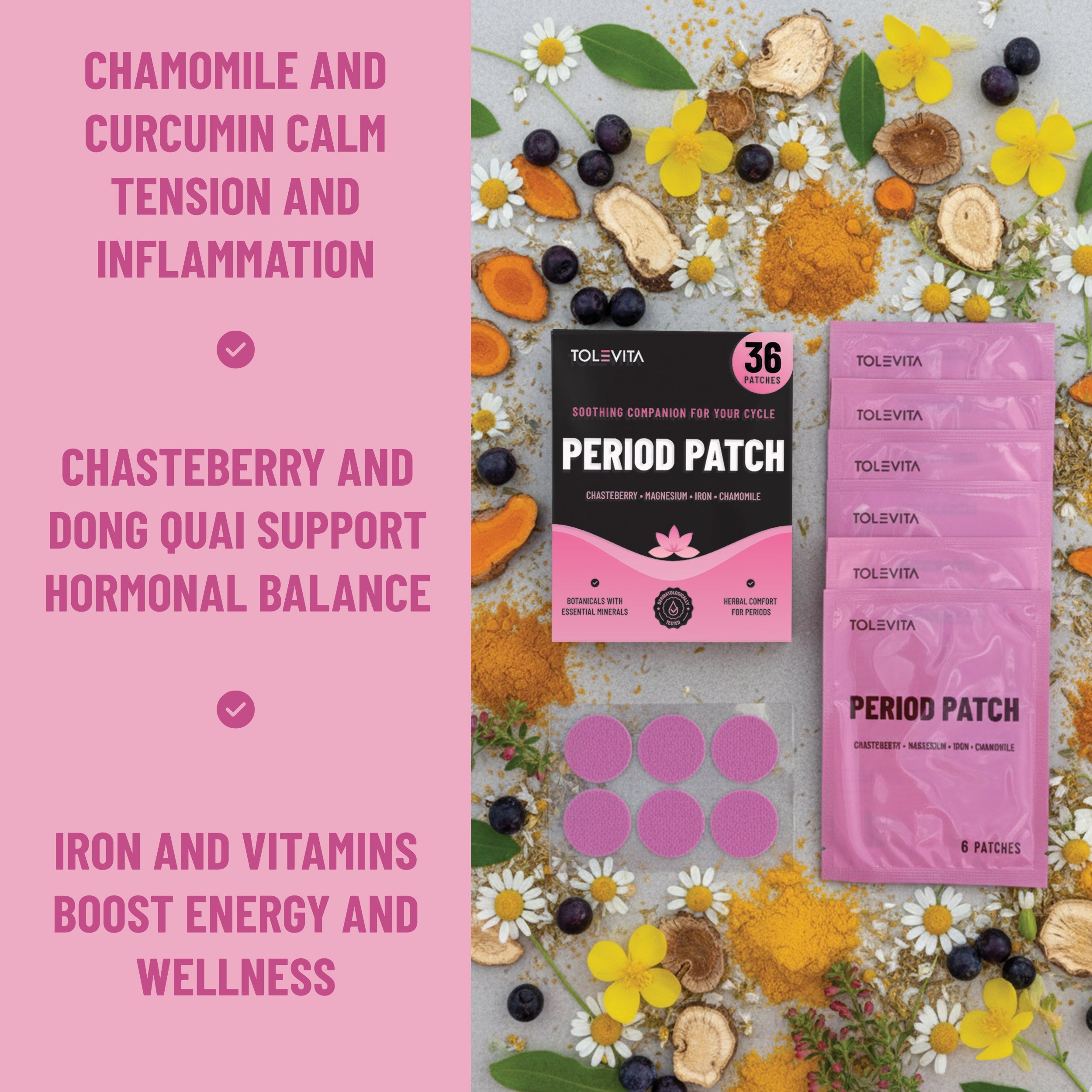 Period Patches Menstrual & Cycle Support with Chasteberry, Magnesium, Evening Primrose Oil & Herbs, 36 Patches