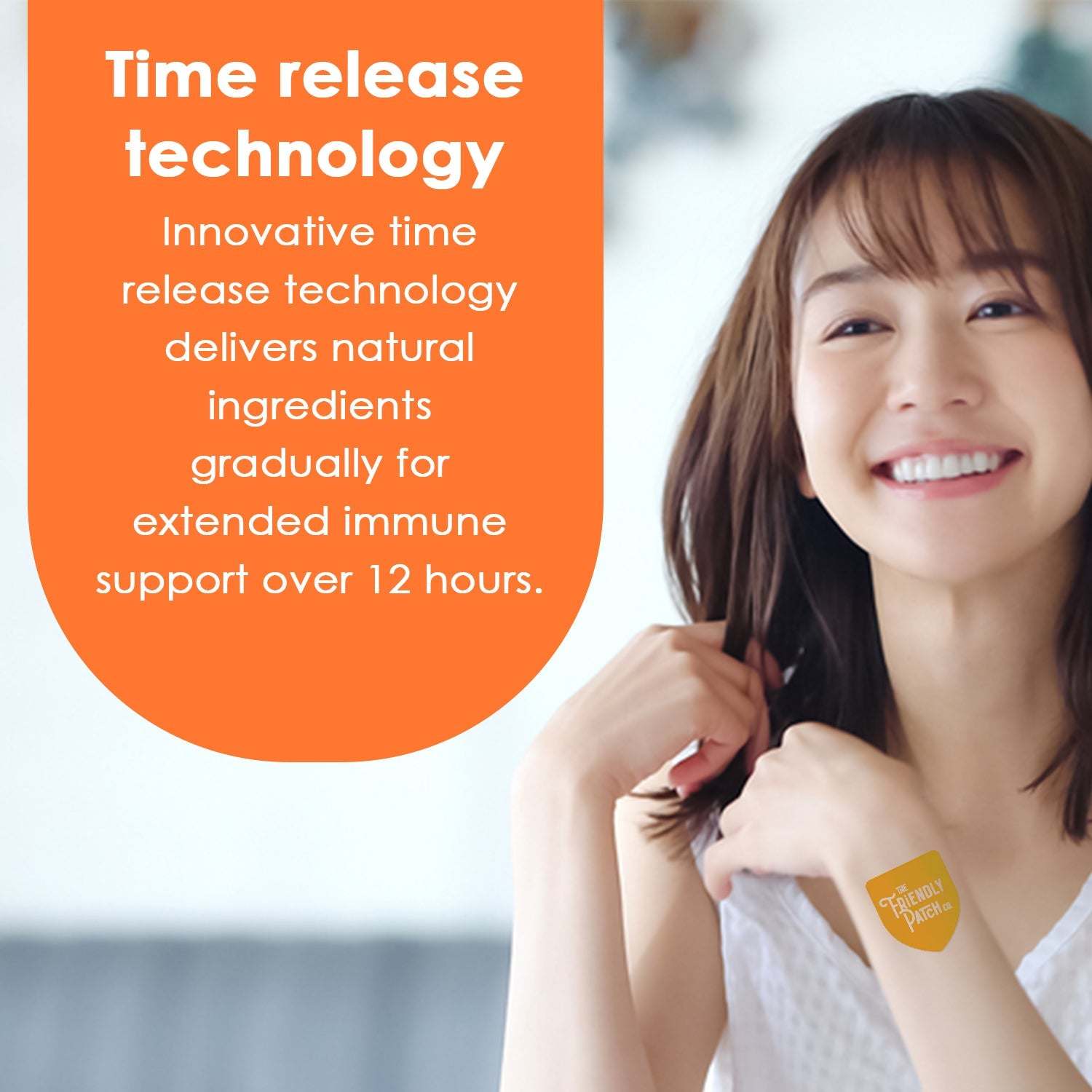 Immunity Patches worn on the arm, shown as small orange wellness patches with text highlighting 12-hour time release technology for immune support