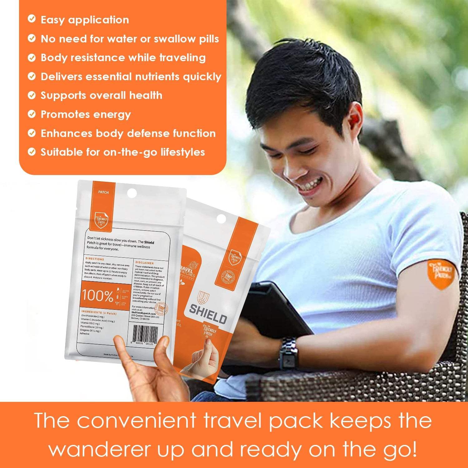 Immunity Patches featuring small round orange patch worn on arm, with white and orange packaging highlighting benefits for wellness and easy application