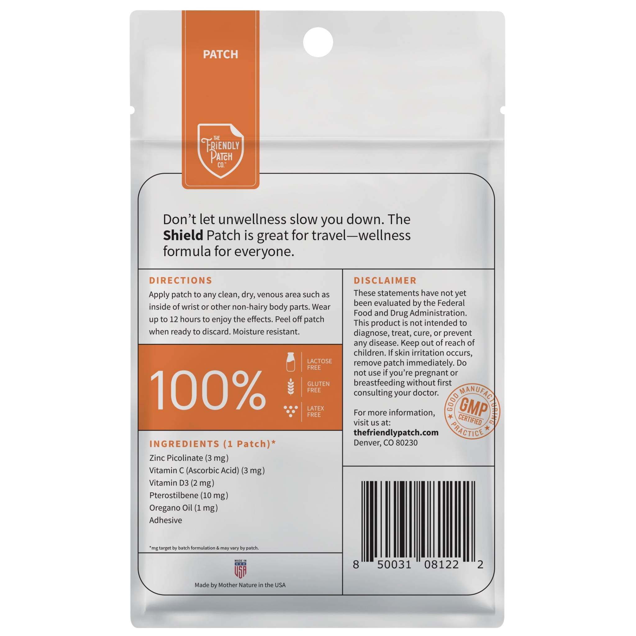 Resealable white and orange plastic pouch with detailed label showing ingredients and directions for Immunity Patches by The Friendly Patch, 8 pack.
