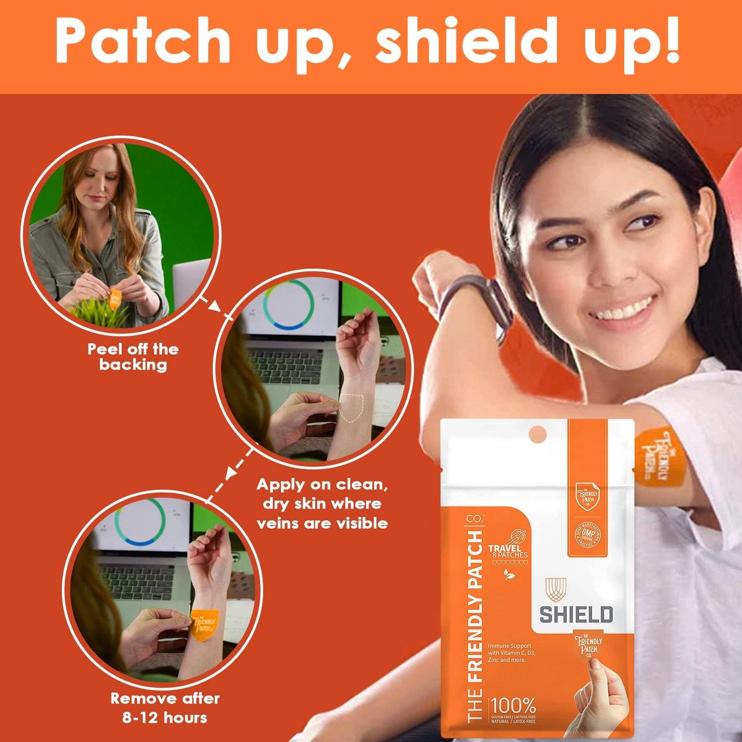 Immunity Patches in white and orange packaging with illustrated usage steps shown on clear skin on a person's wrist.