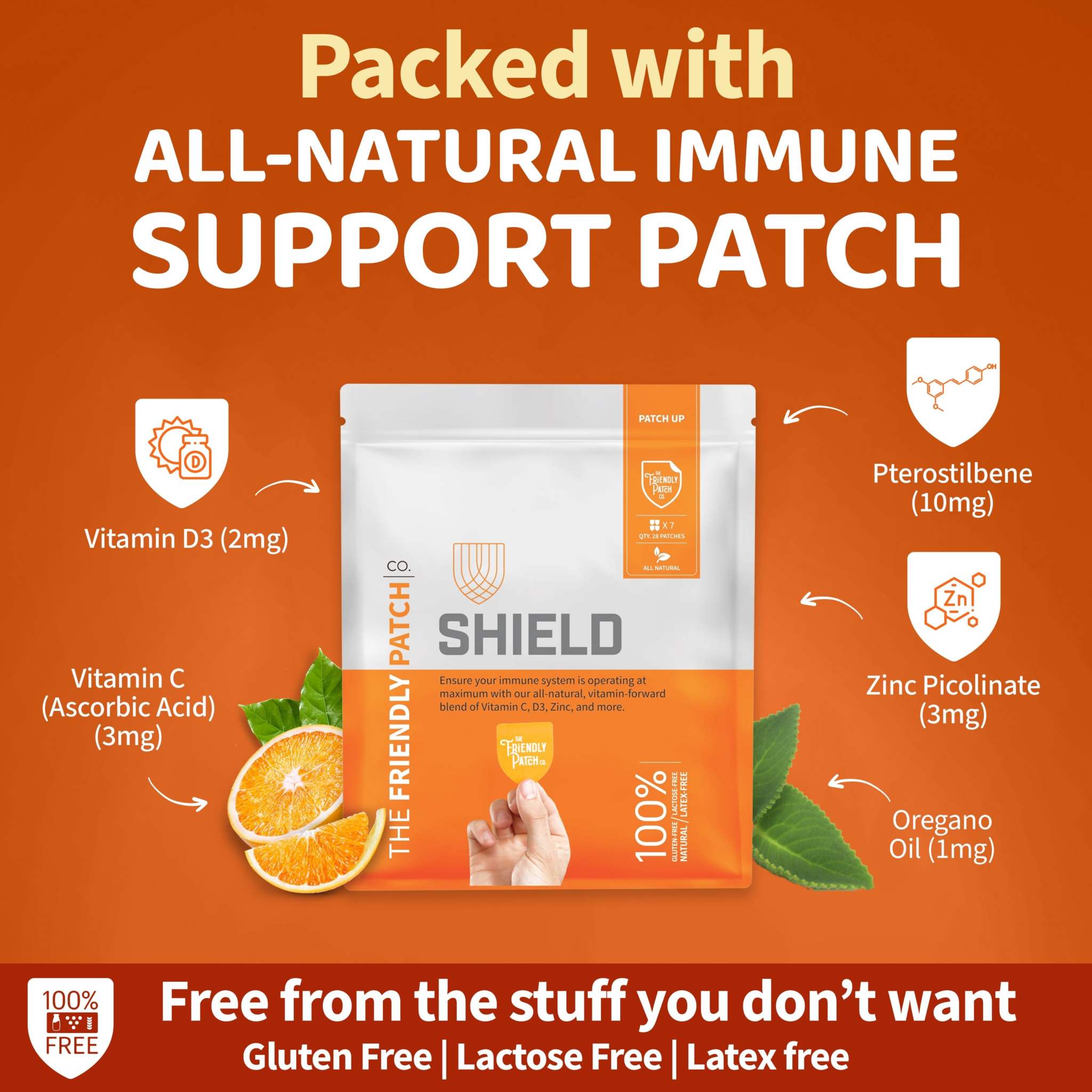 Immunity Patches in white and orange resealable pouch with natural ingredient icons and orange slices on an orange background