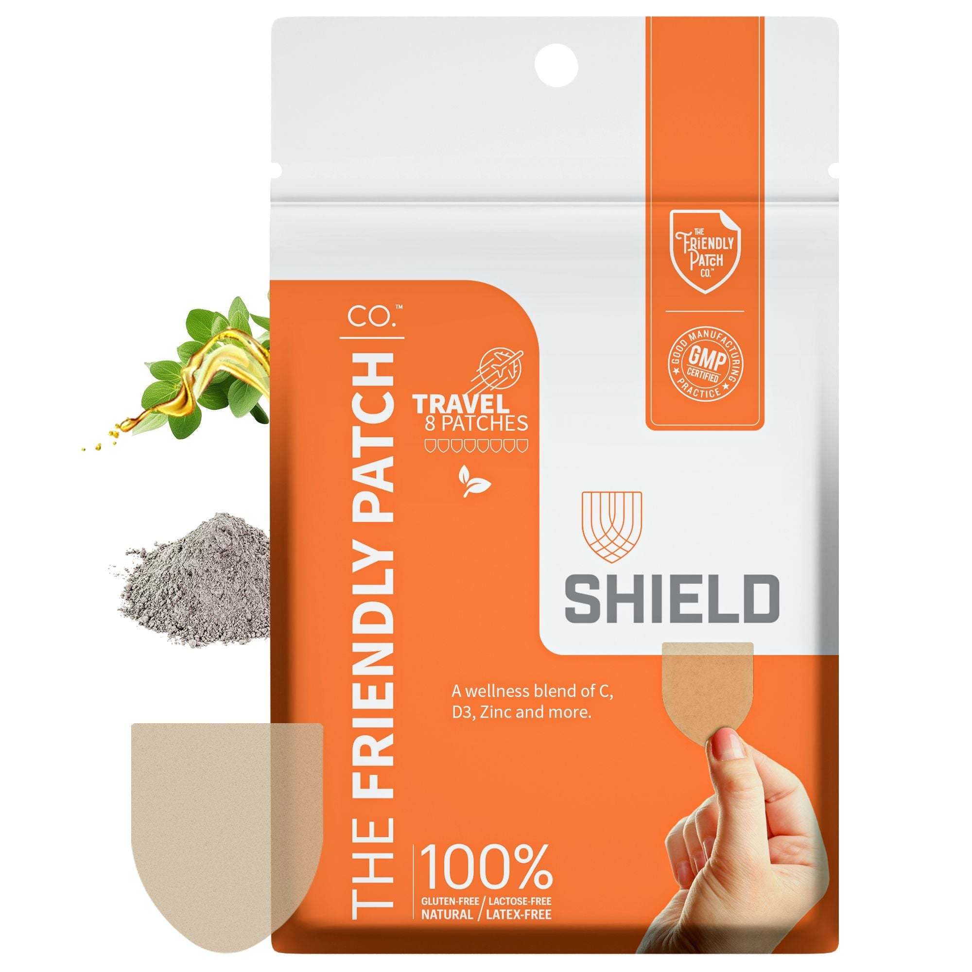 Immunity Patches with orange and white packaging, showcasing a beige patch held by hand and natural ingredient highlights.