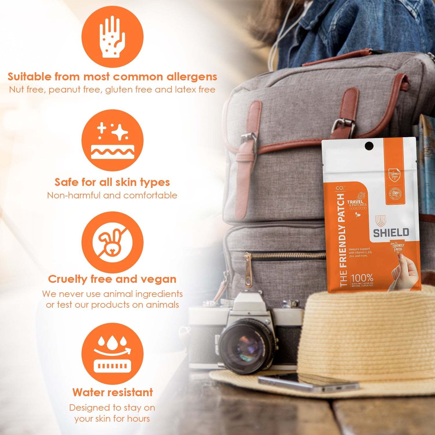 Immunity Patches in white and orange packaging labeled Shield with features like allergen-free, safe for skin, cruelty-free, vegan, and water resistant