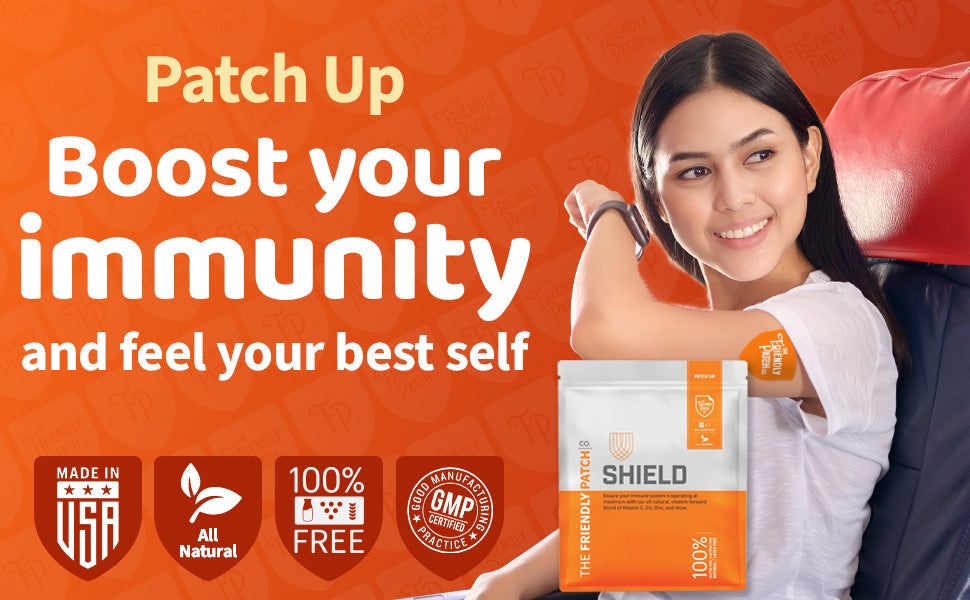 Immunity Patches shown on a woman’s arm, featuring orange and white packaging with natural wellness branding and benefits.