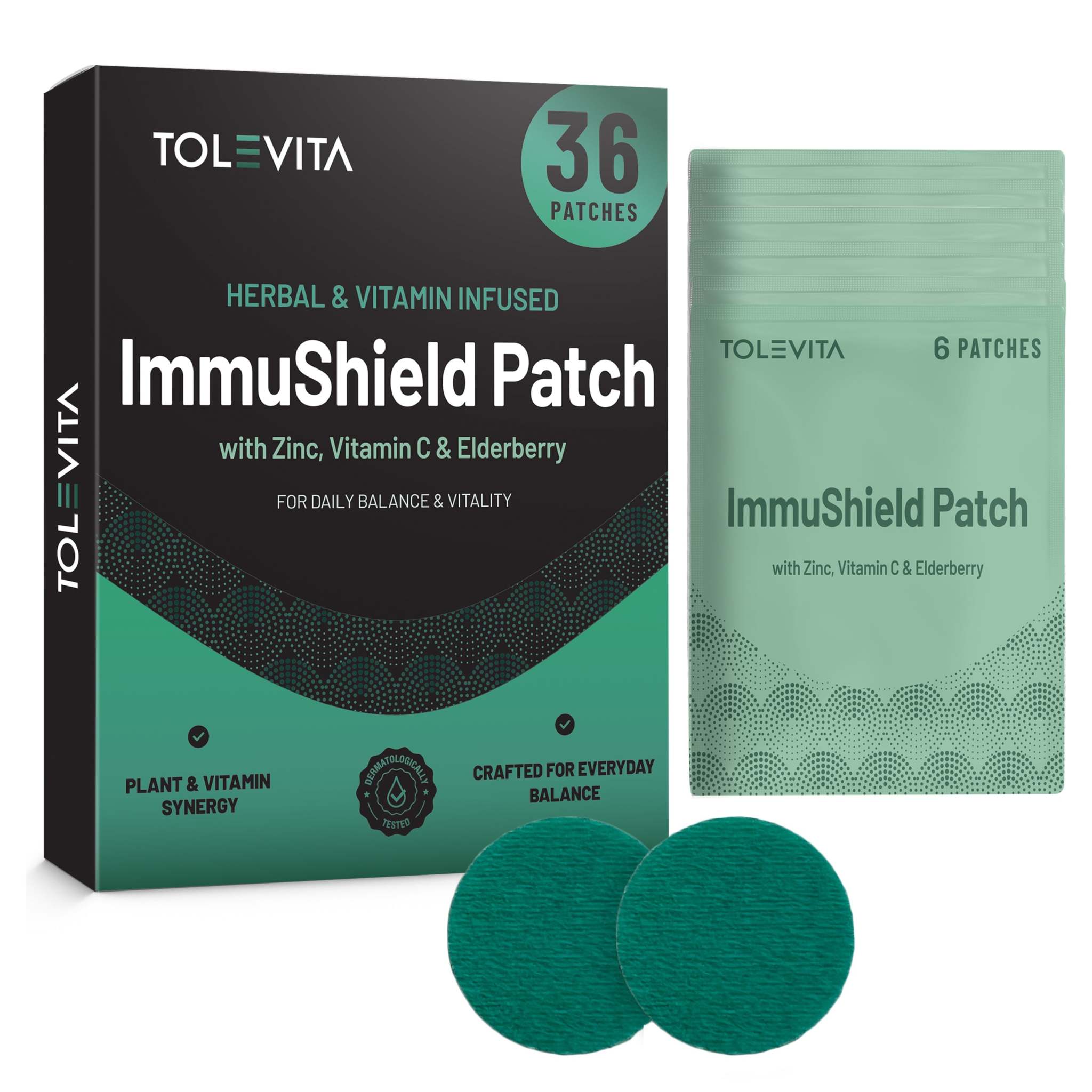 ImmuShield Patches Daily Wellness, boxed 36-count set with green sachet and two round teal patches displayed.