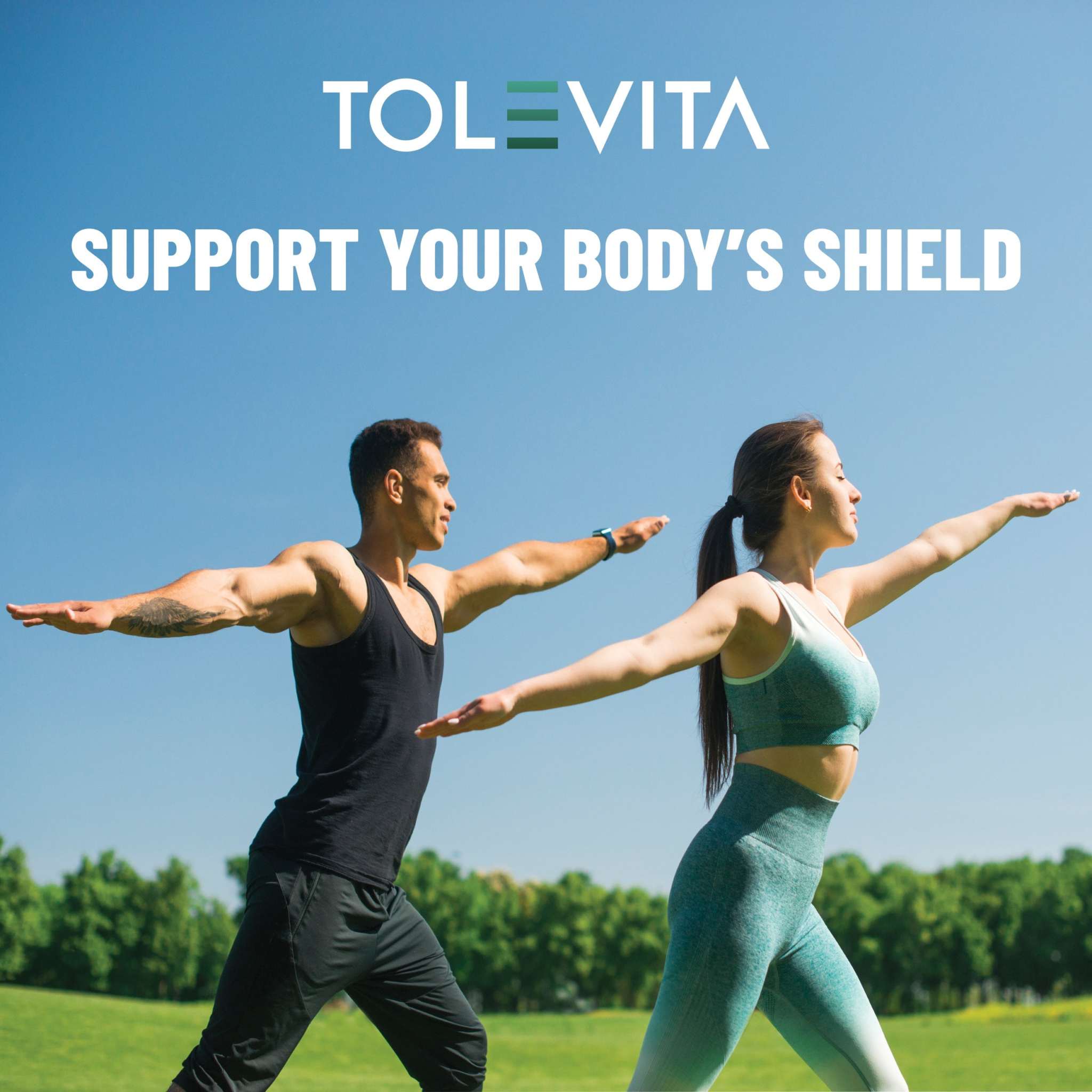 ImmuShield Patches Daily Wellness promotional graphic with two people exercising and “Support Your Body’s Shield” text