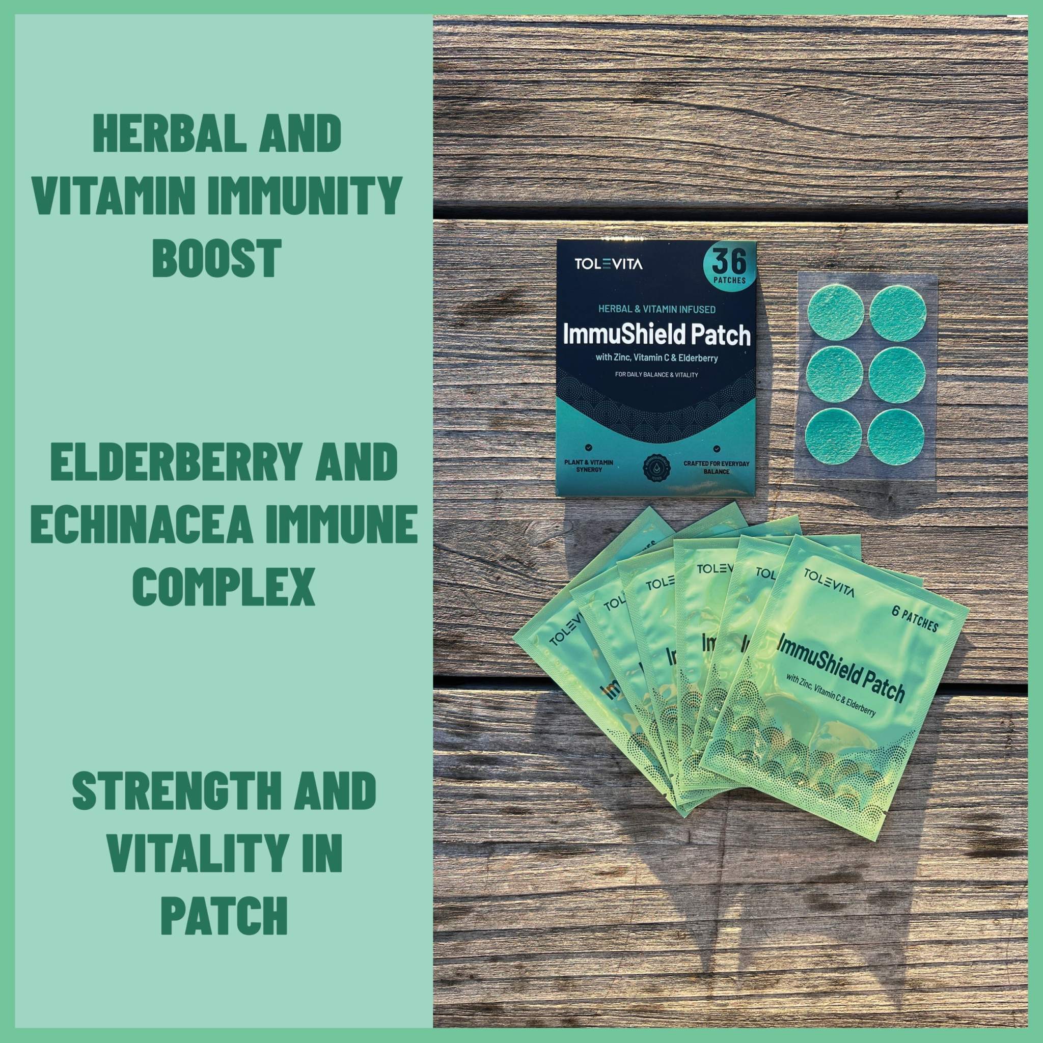 ImmuShield Patches Daily Wellness herbal vitamin wellness patches in teal packaging with individual translucent green patches