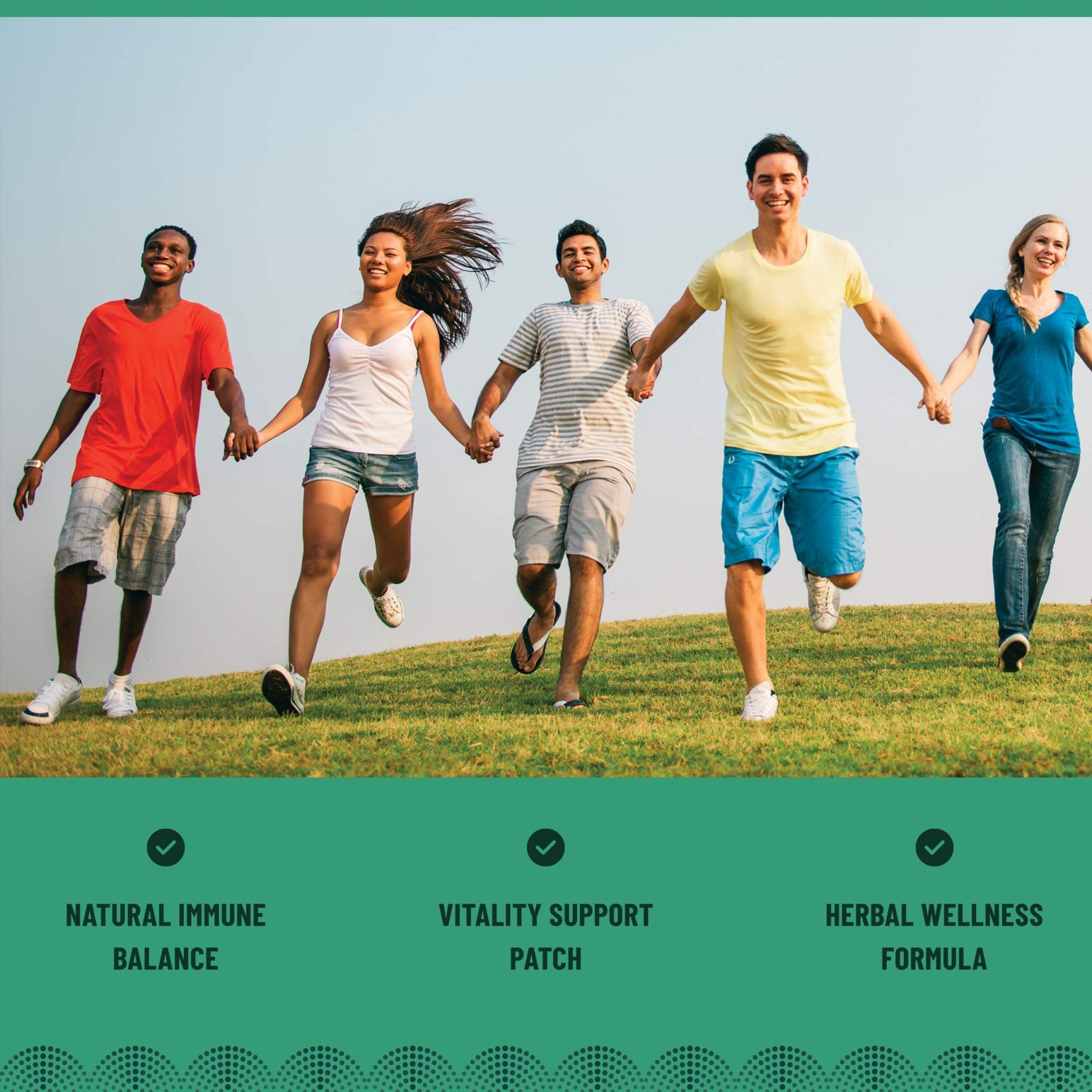 ImmuShield Patches Daily Wellness product graphic with diverse people running, promoting vitality and herbal wellness support
