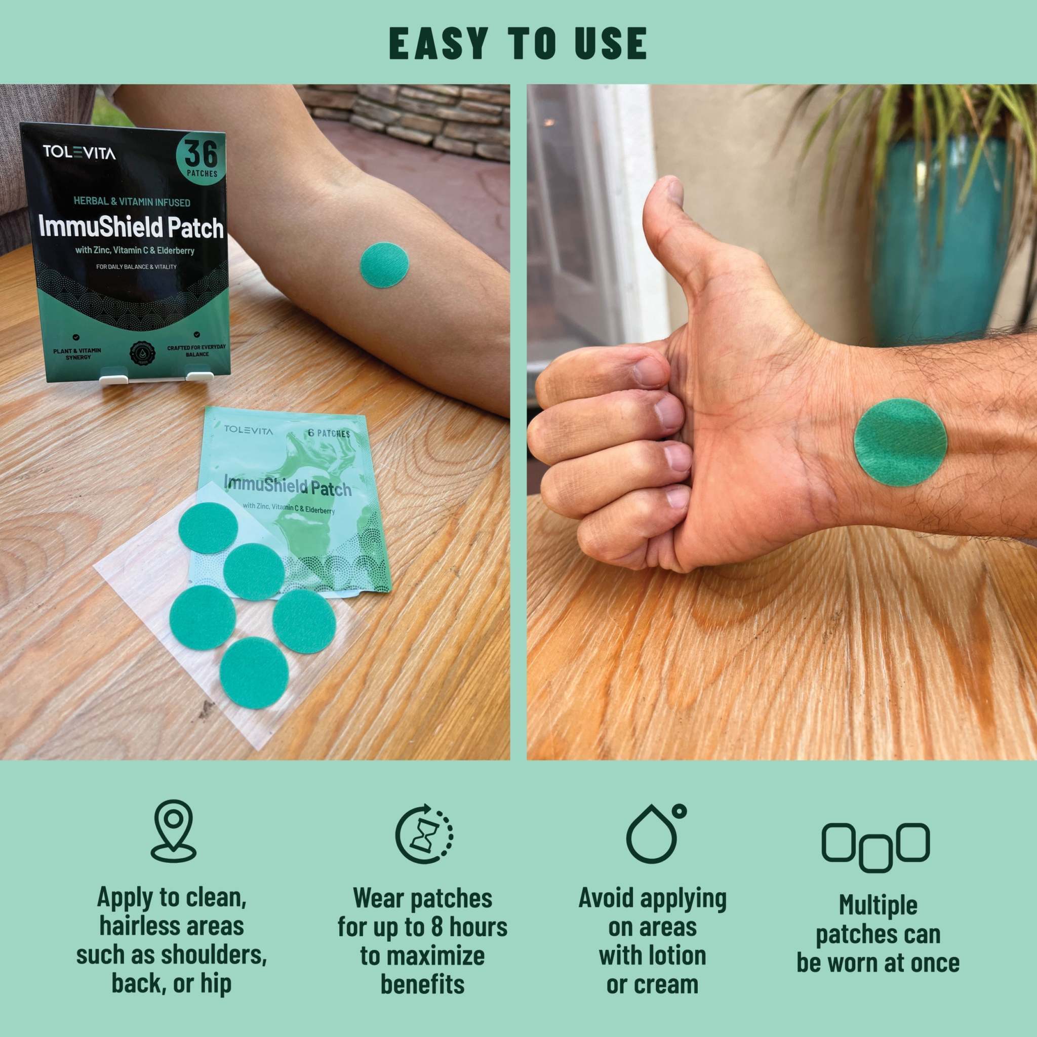 ImmuShield Patches Daily Wellness, turquoise round adhesive patches with a vitamin-infused wellness formula