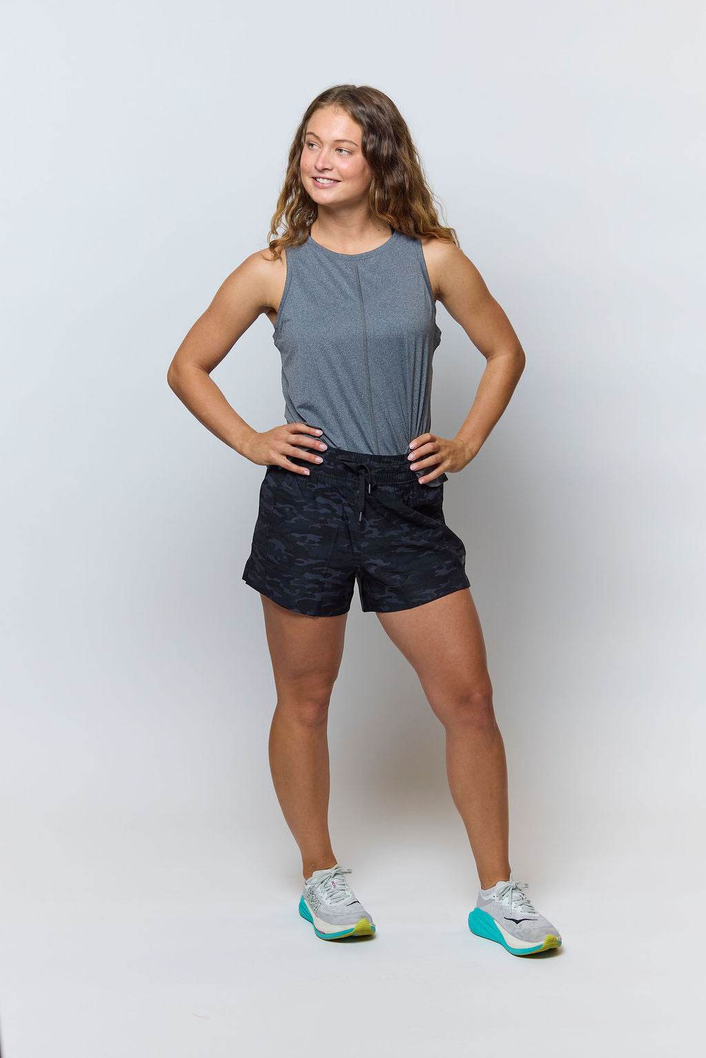 Indie 2.0 Women's Sport Shorts in dark navy camouflage print, with an elastic waistband and short inseam