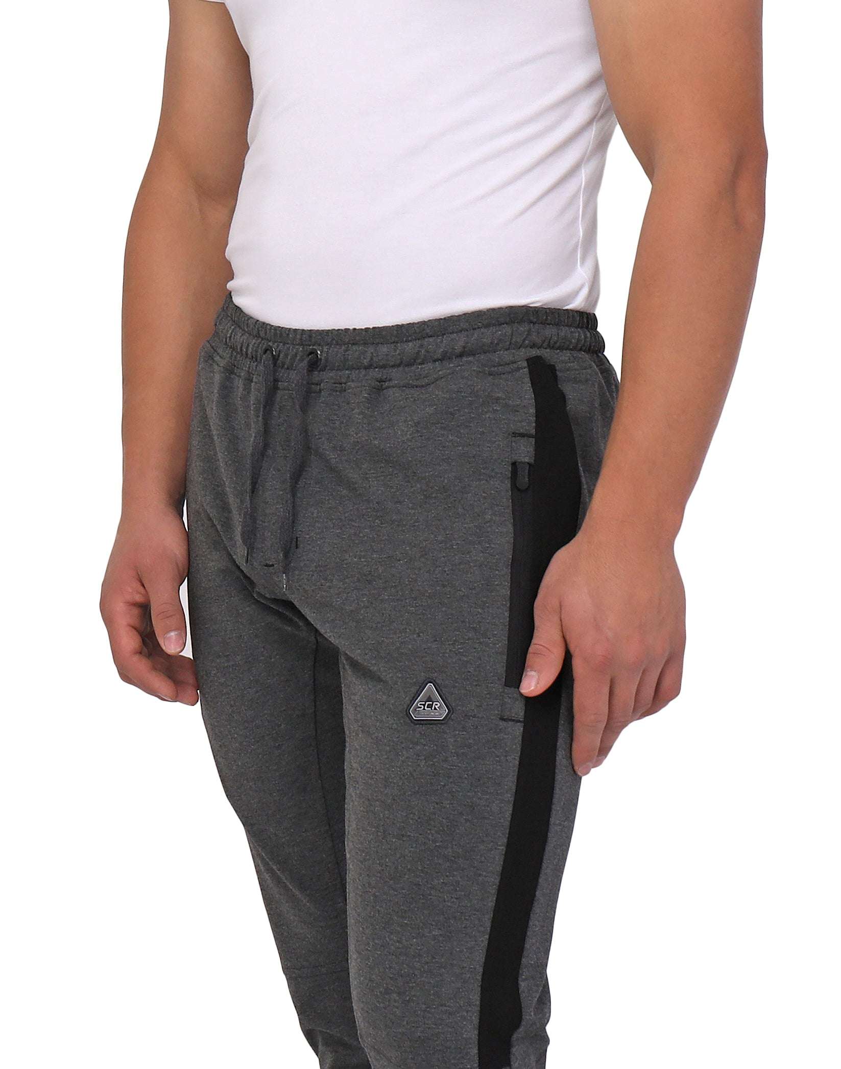 Infinite Flex Jogger in dark charcoal gray cotton blend with a black side stripe, drawstring waist and zip pocket