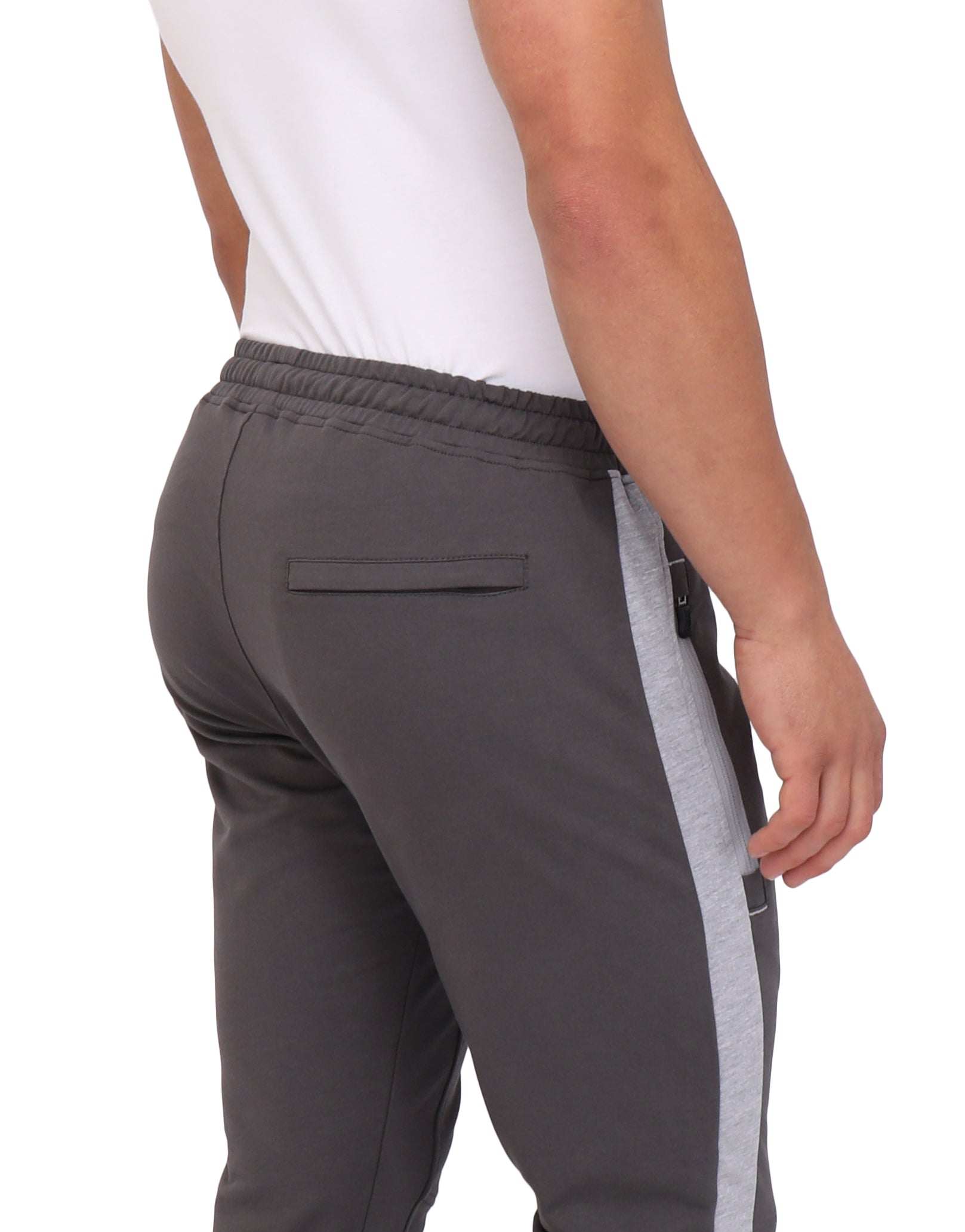 Infinite Flex Jogger in charcoal gray stretch fabric with a light gray side stripe, elastic waistband and back zip pocket