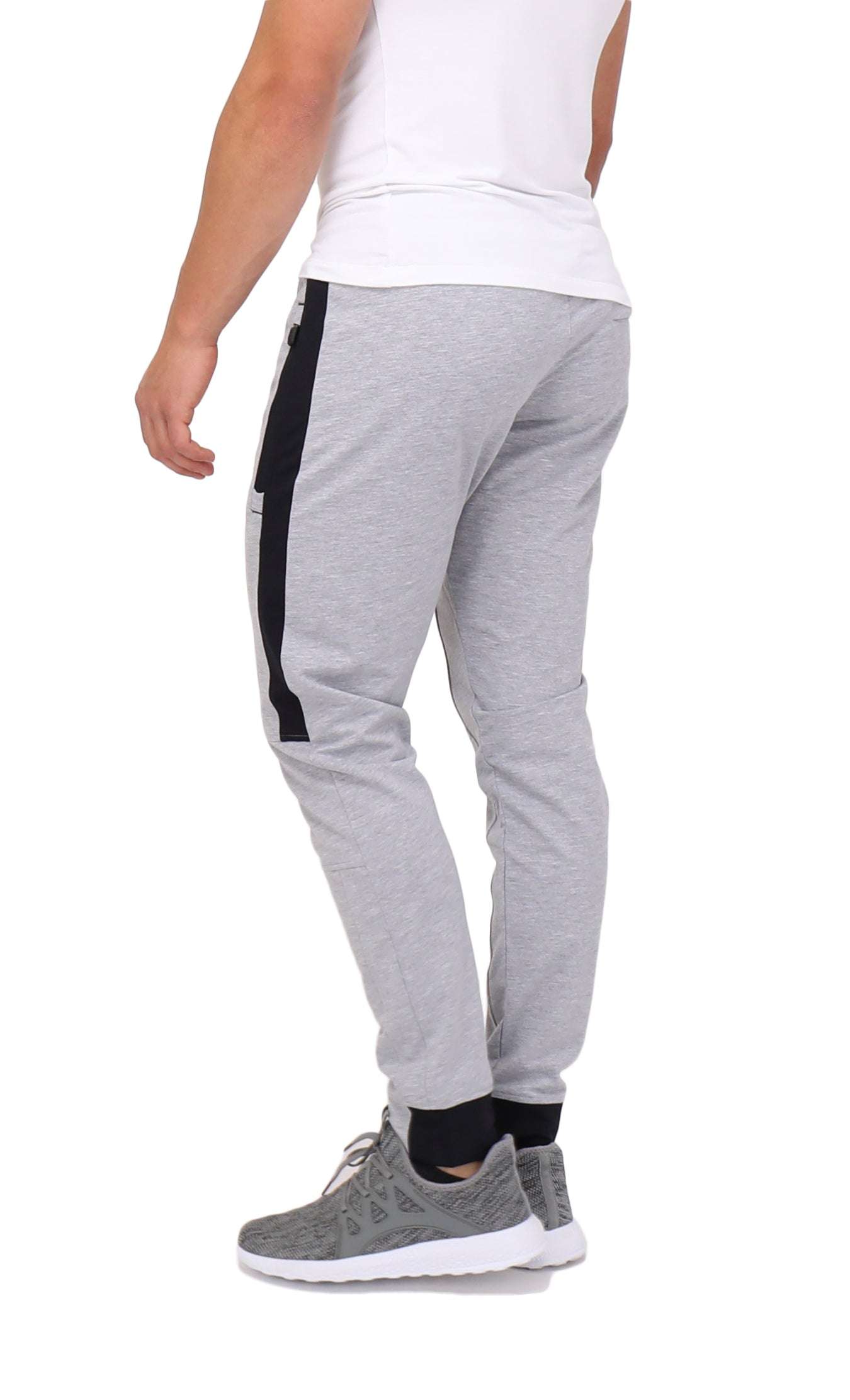Infinite Flex Jogger in light gray cotton blend with black side stripes, cuffed ankles and a stretch waistband