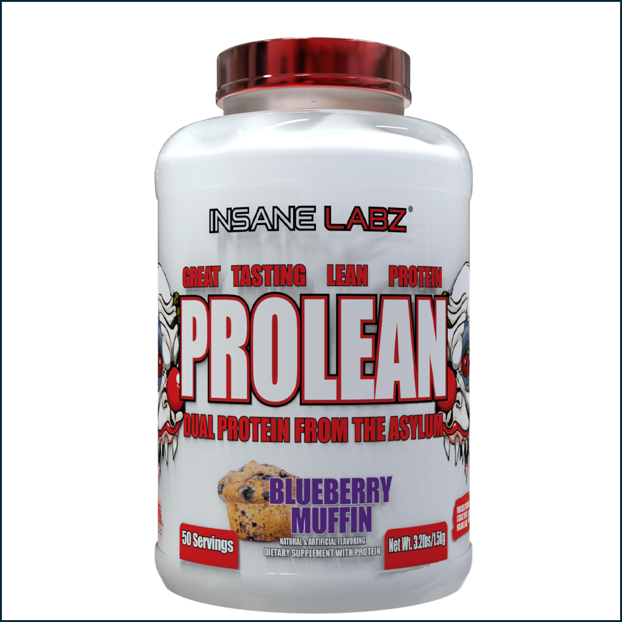 Insane Labz ProLean protein powder in a white tub with red cap, bold red label and blueberry muffin flavor
