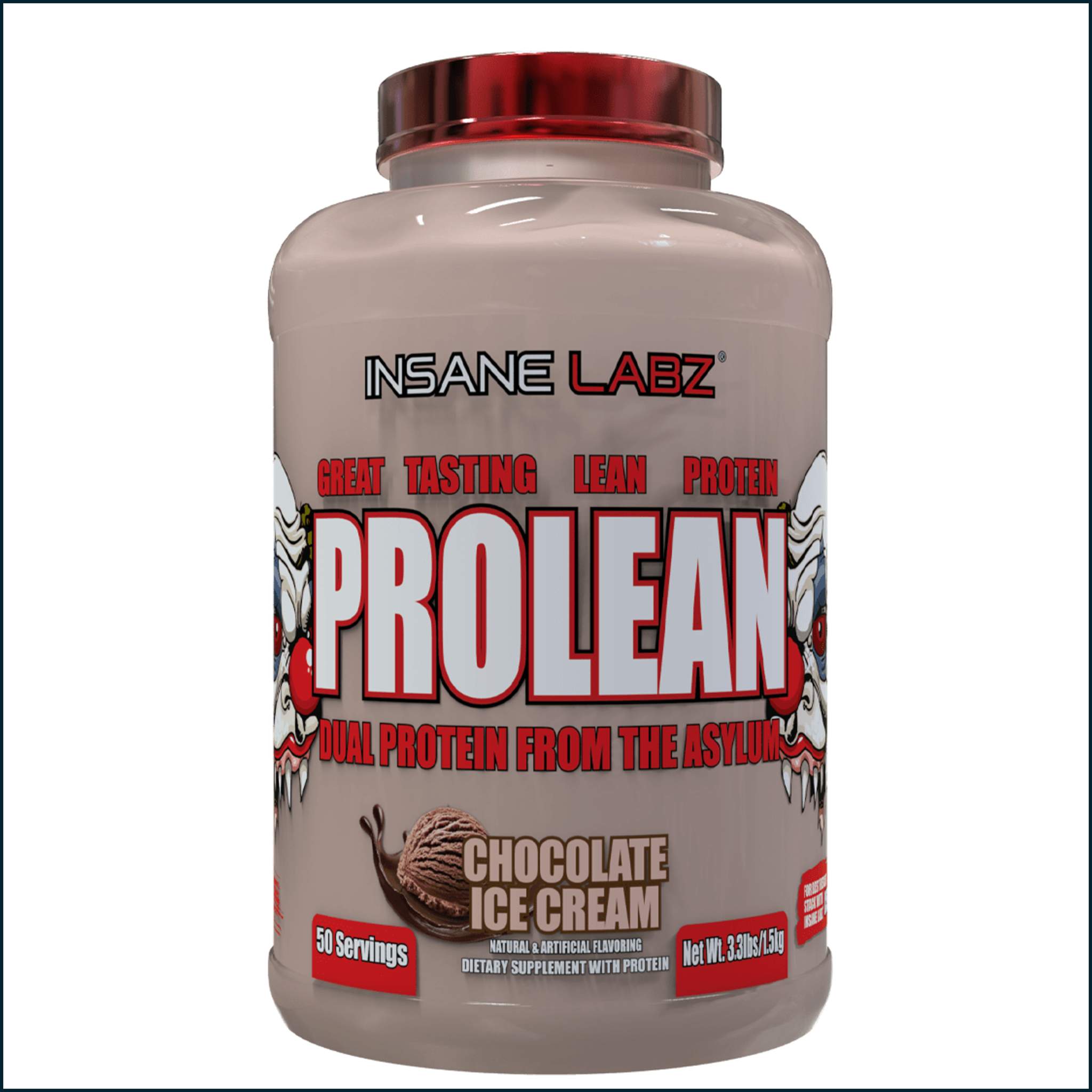 Protein powder tub, Insane Labz ProLean, in a taupe container with red lid and bold red lettering, chocolate ice cream flavor