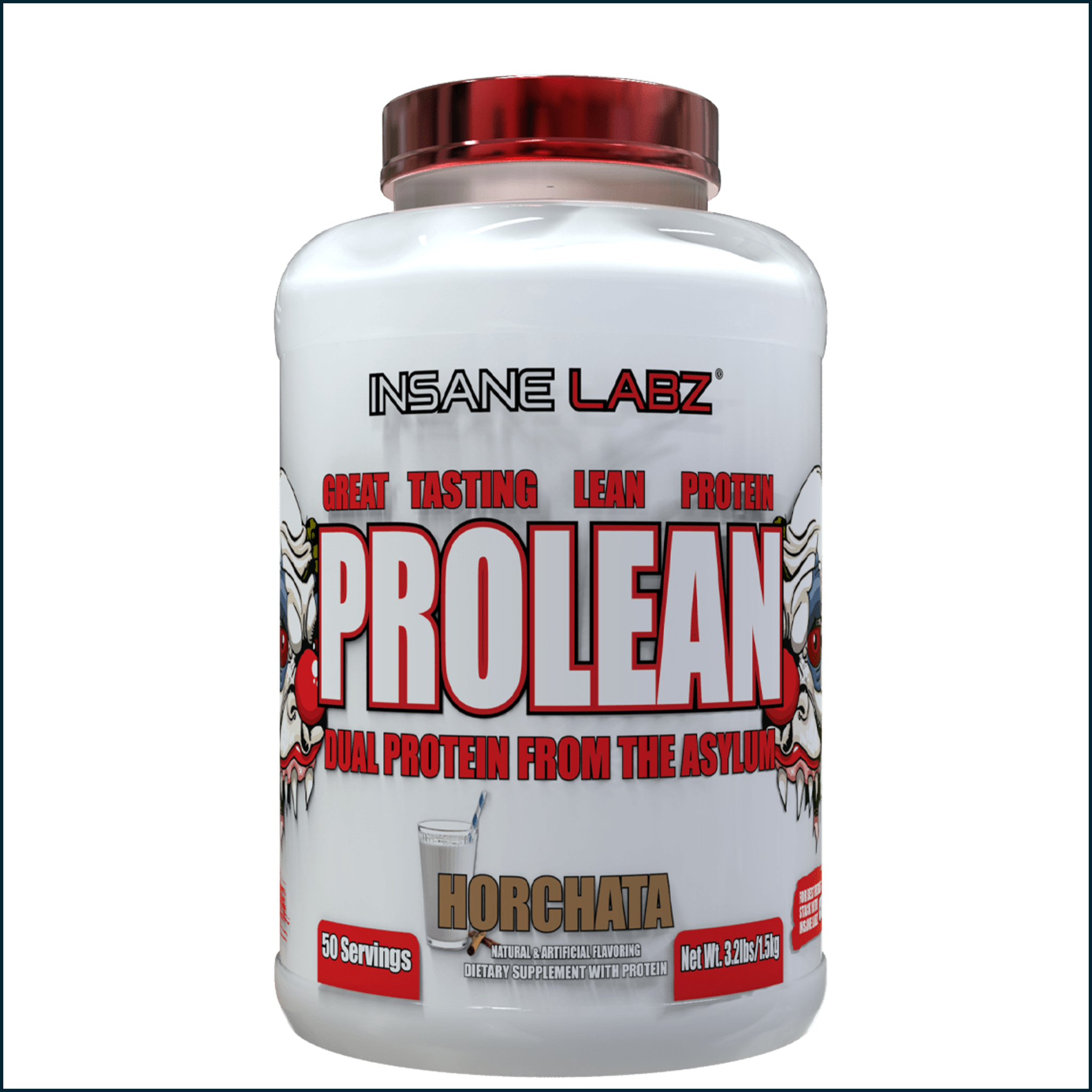 Protein powder tub of Insane Labz ProLean in white with a red lid, bold red lettering and Horchata flavor label