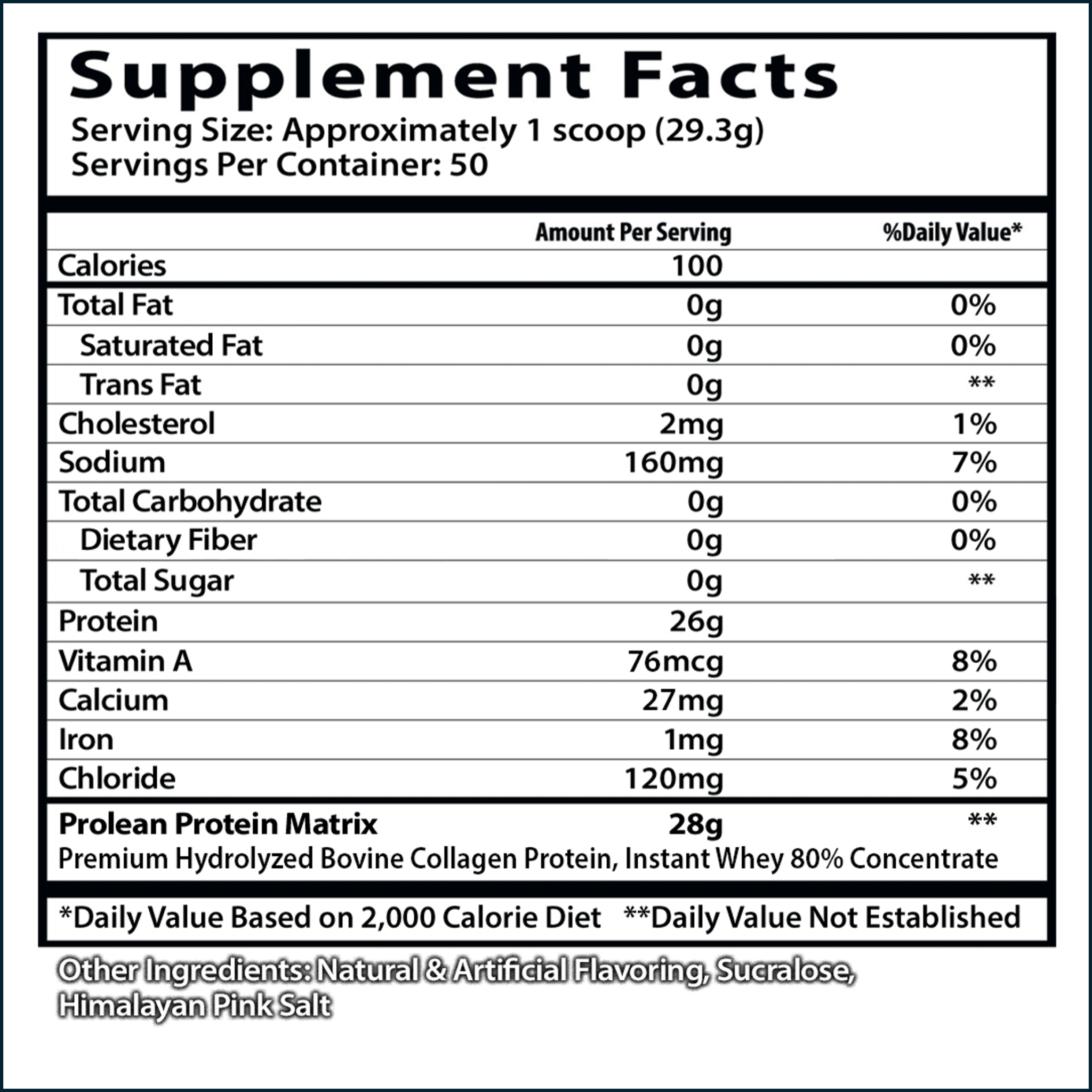 Insane Labz ProLean supplement facts label in black and white, showing 26g protein per serving and 50 servings