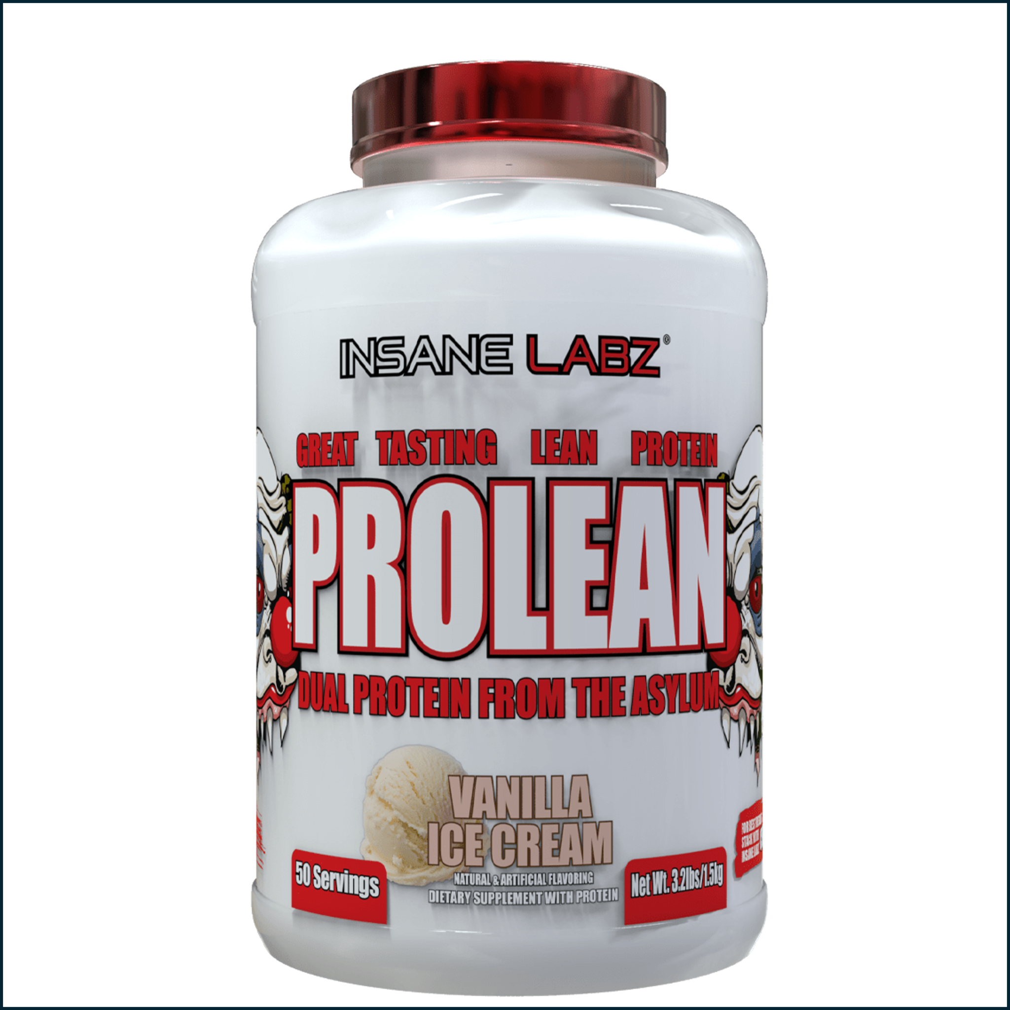 Insane Labz ProLean vanilla ice cream dual protein powder in a white jug with red cap and bold red label