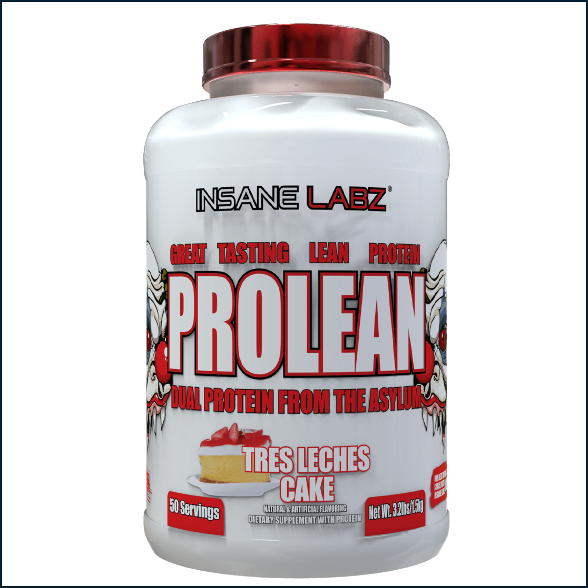 Insane Labz ProLean protein powder in a white jug with red lid, bold red and black label, Tres Leches Cake flavor