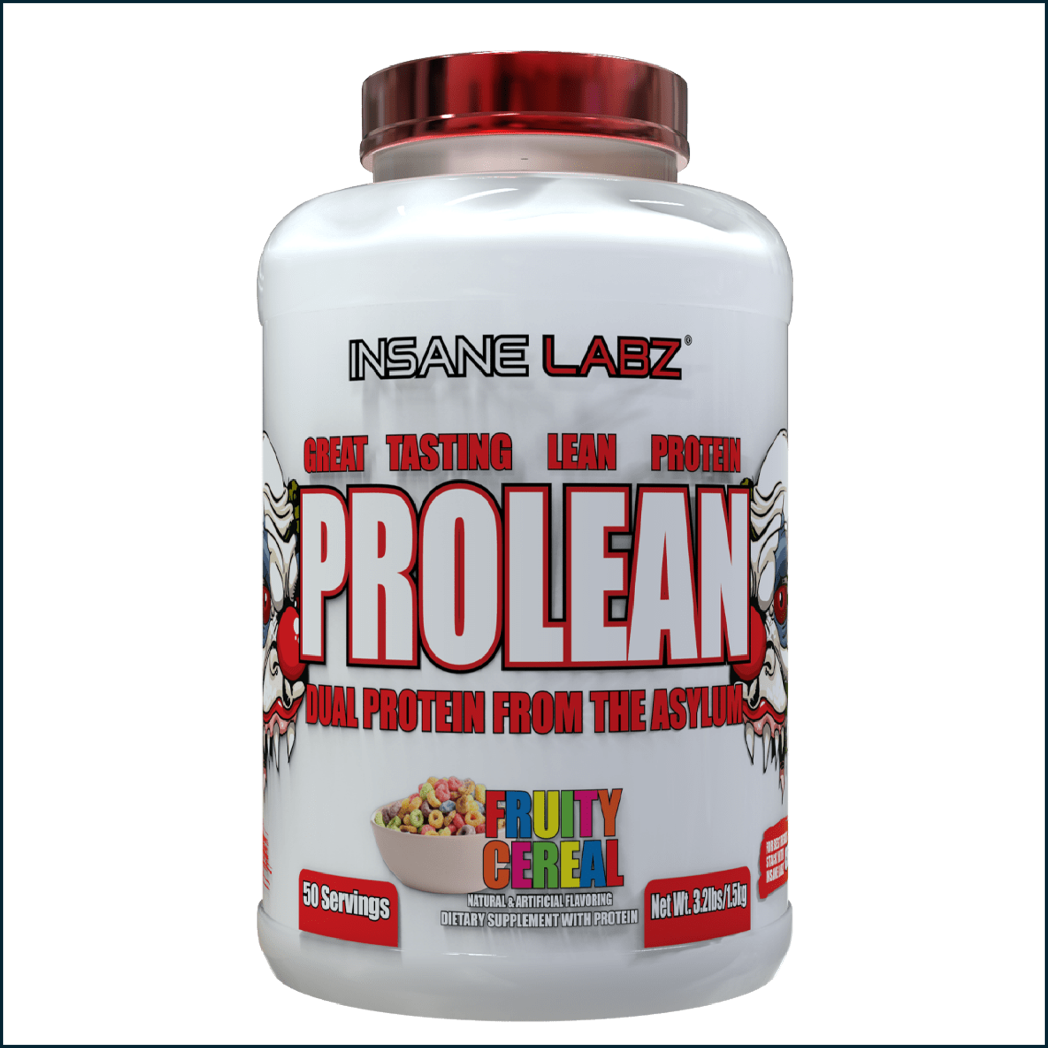 Protein powder tub with white label, red cap, bold red ProLean lettering and Fruity Cereal flavor; Insane Labz ProLean