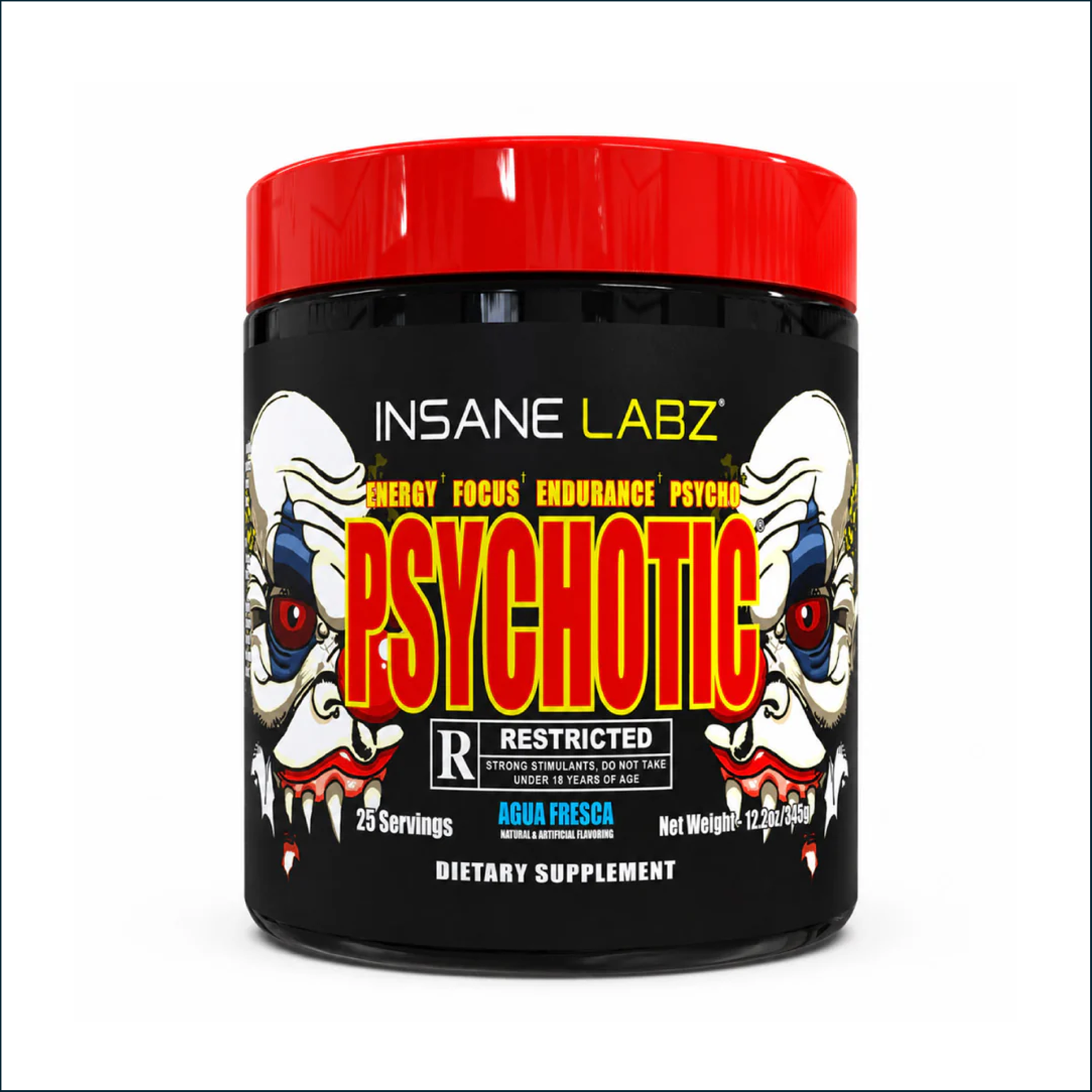 Insane Labz Psychotic Rated R pre-workout supplement tub with a black label, red lid and bold clown artwork