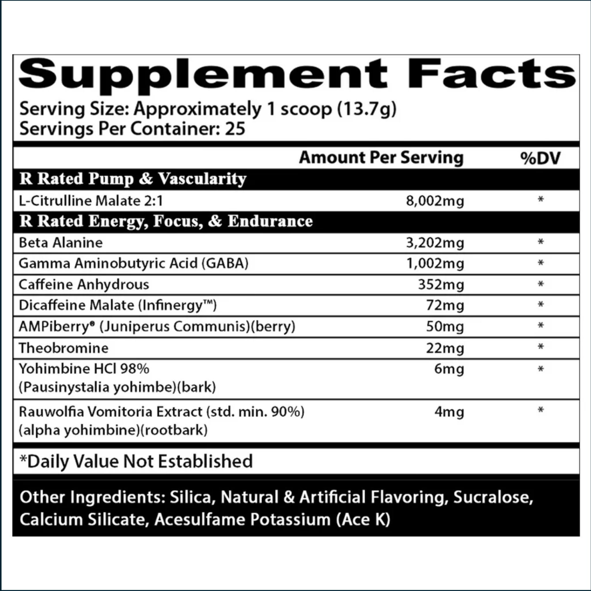 Insane Labz Psychotic Rated R supplement facts label with black-and-white text listing serving size, ingredients, and amounts