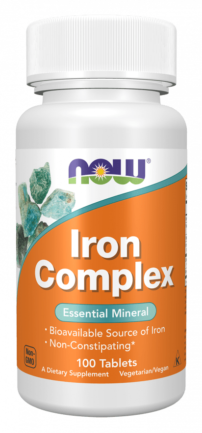 Iron Complex supplement bottle with a white cap and orange label, featuring a 100-tablet count and mineral blend details