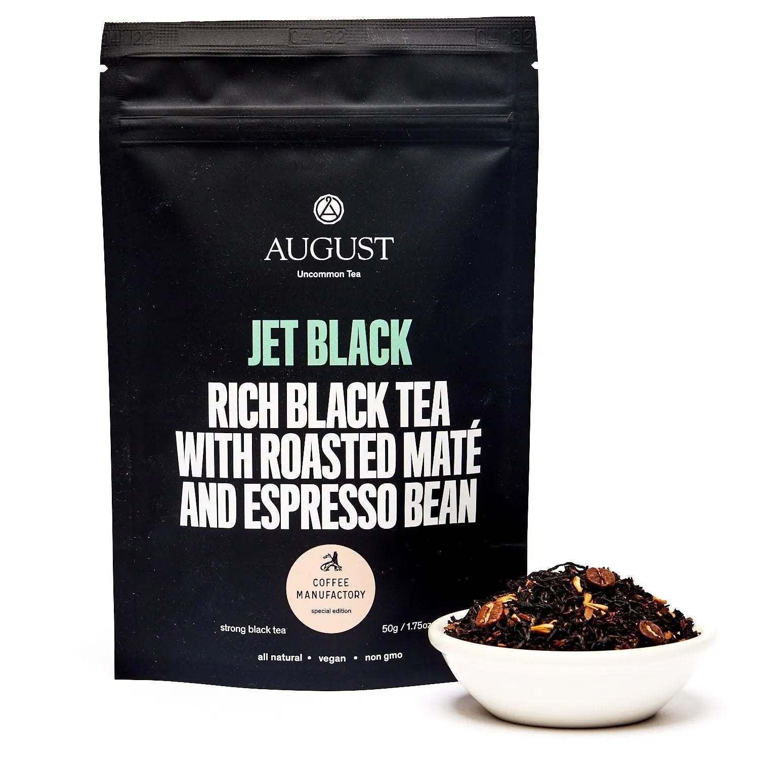 Jet Black - Roasty Coffee Back Tea black tea pouch with loose dark roasted mate and espresso bean blend.