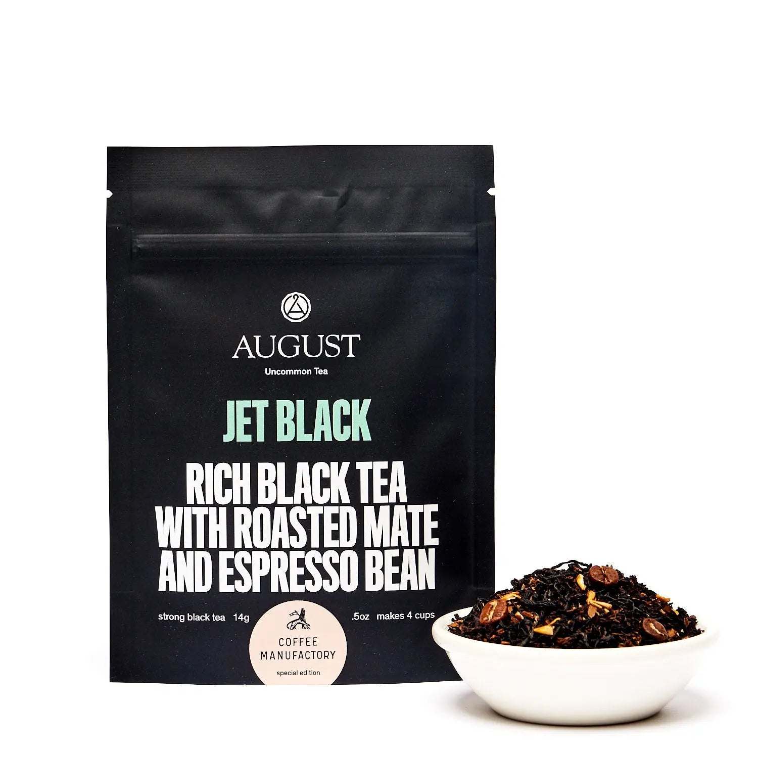 Black tea blend in a black pouch with roasted mate and espresso beans, Jet Black - Roasty Coffee Back Tea