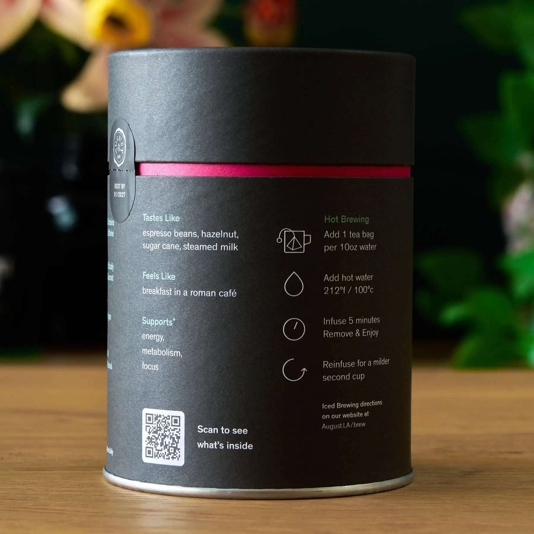 Jet Black - Roasty Coffee Black Tea - 15 Bags, black cylindrical tea tin with pink accent band and white text