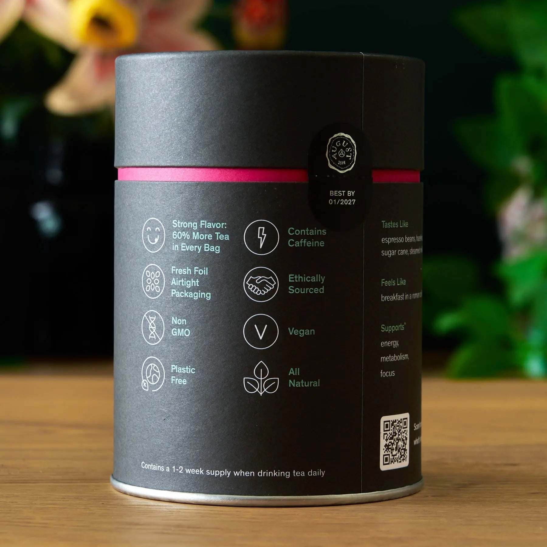 Jet Black - Roasty Coffee Black Tea - 15 Bags in a black cylindrical paper canister with pink band