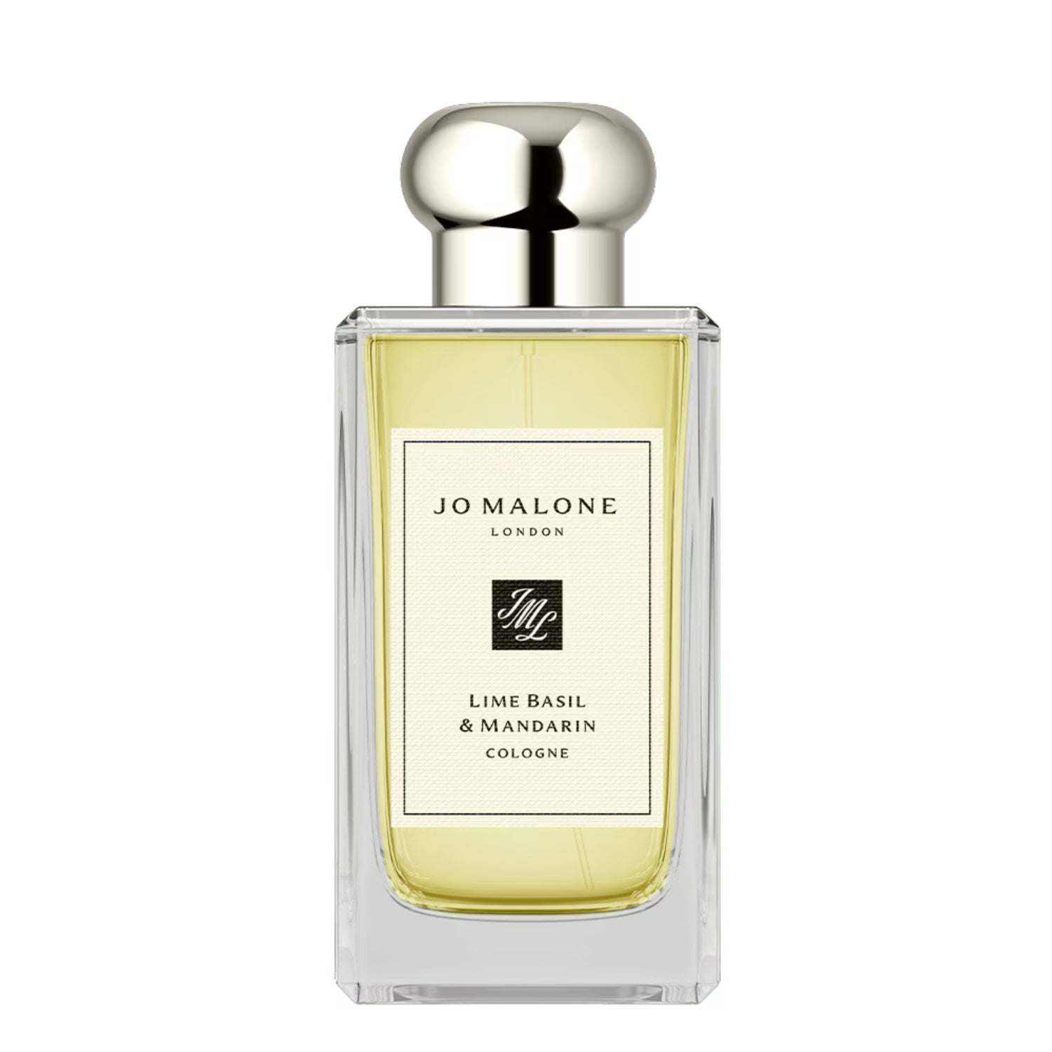 Jo Malone London cologne in a clear glass bottle with pale yellow liquid and silver rounded cap
