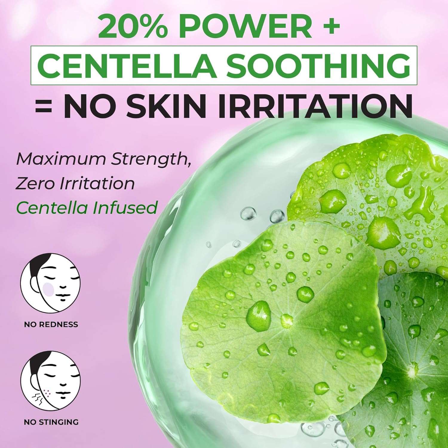 JUMISO Niacinamide 20 Serum advertised with green centella leaves and droplets illustrating 20% power and soothing benefits for no skin irritation