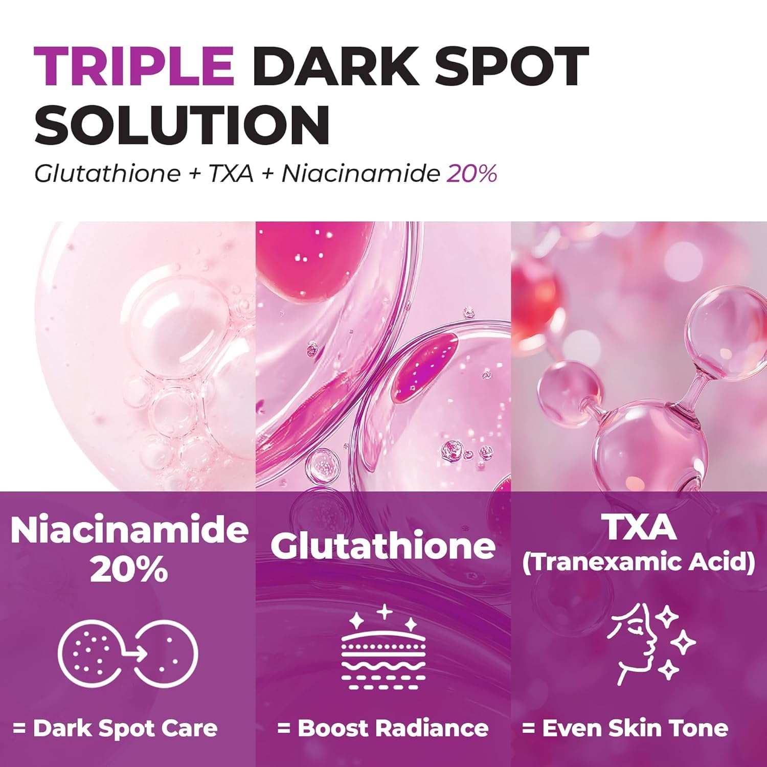 JUMISO Niacinamide 20 Serum infographic with pink and purple molecular visuals highlighting niacinamide, glutathione, and TXA benefits for dark spots