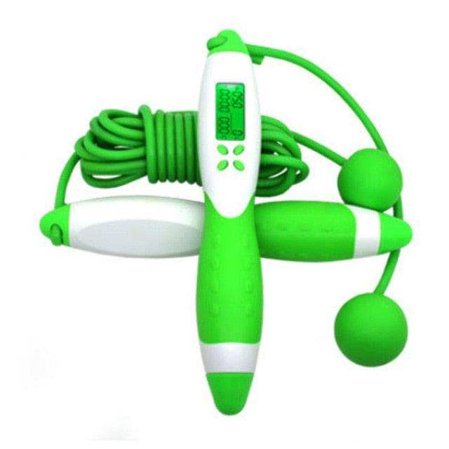 Jump Ropes With Electronic Counting in green and white rubber with ergonomic handles, LCD screen, and cordless rope attachments.