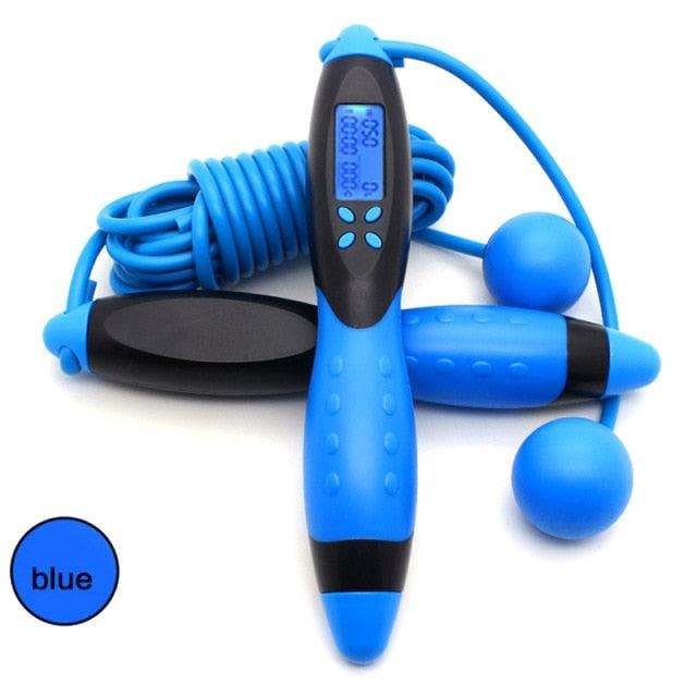 Blue cordless jump rope with ergonomic rubber handles and digital display screen for Jump Ropes With Electronic Counting workouts.