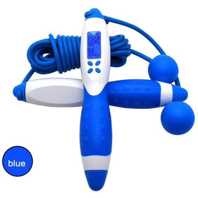 Blue and white cordless jump rope with ergonomic rubber handles and electronic counter display, part of Jump Ropes With Electronic Counting equipment.