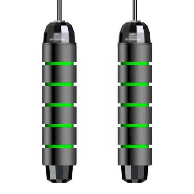 Handles of jump ropes with electronic counting feature, black and green, rubber material with ergonomic anti-slip grip design.
