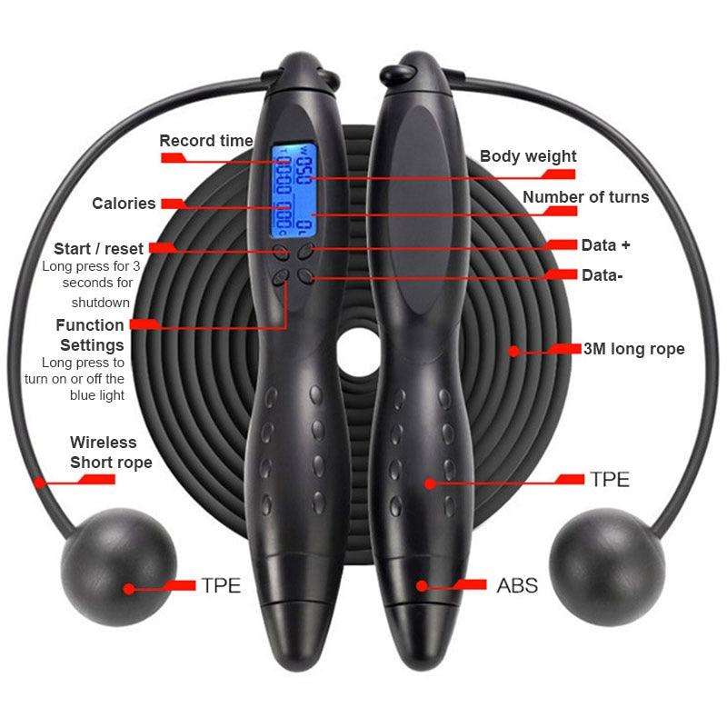 Black jump ropes with electronic counting featuring ergonomic ABS handles, HD LCD display, and 3-meter TPE cord for fitness use.
