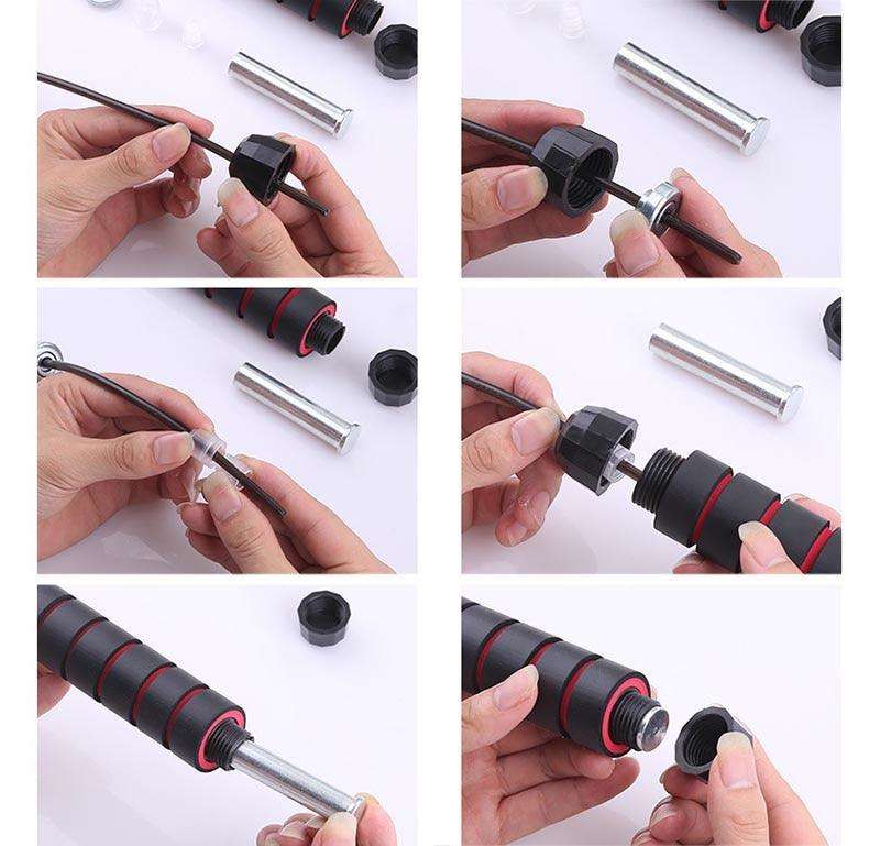 Jump Ropes With Electronic Counting showing black and red rubber handles with metal attachments being assembled step-by-step.