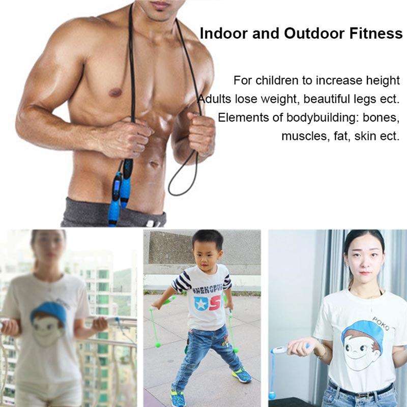 Jump Ropes With Electronic Counting featuring blue ergonomic handles and a black adjustable skipping cord held by a fit shirtless man and children indoors and outdoors.