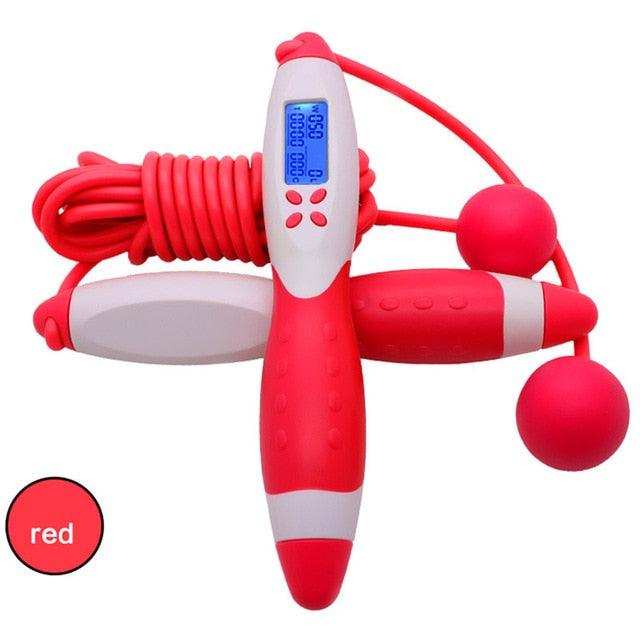 Red and white rubber jump rope with ergonomic handles, digital screen display, and weighted cordless ball attachments, Jump Ropes With Electronic Counting.