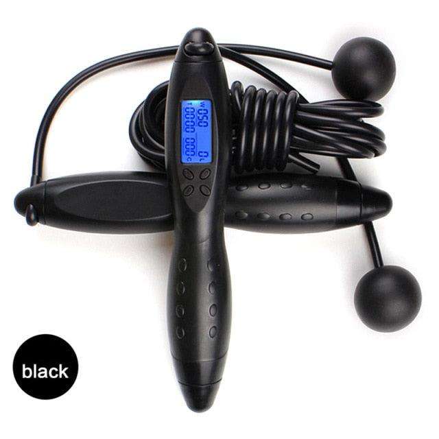 Jump Ropes With Electronic Counting featuring black rubber handles with anti-slip grips, an LCD display screen, and cordless weighted balls.